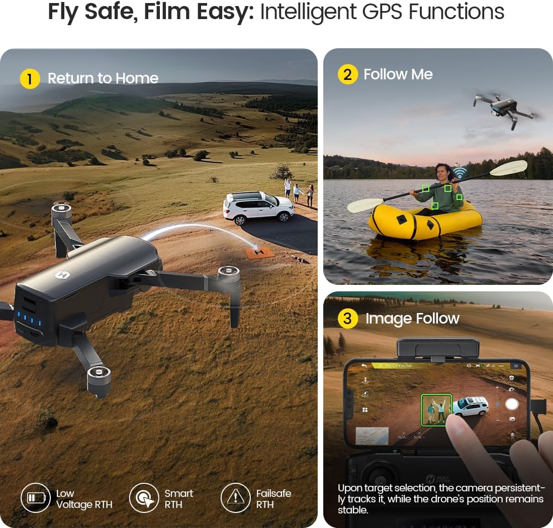 Drone GPS Holy Stone avec caméra 4K UHD pour adultes et débutants ; quadricoptère FPV RC pliable HS360S 249 g avec une portée de contrôle de 10 000 pieds, moteur sans balais, Follow Me, Smart Return Home, transmission 5G