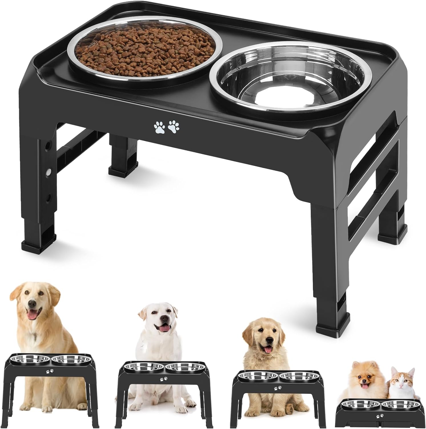 Elevated Dog Bowls, 4 Height Adjustable Raised Dog Bowl Stand with 2 Thick 50oz Stainless Steel Dog Food Bowls Non-Slip Dog Feeder for Large Medium Dogs Adjusts to 3.7, 9.2", 10.75", 12.36" Black