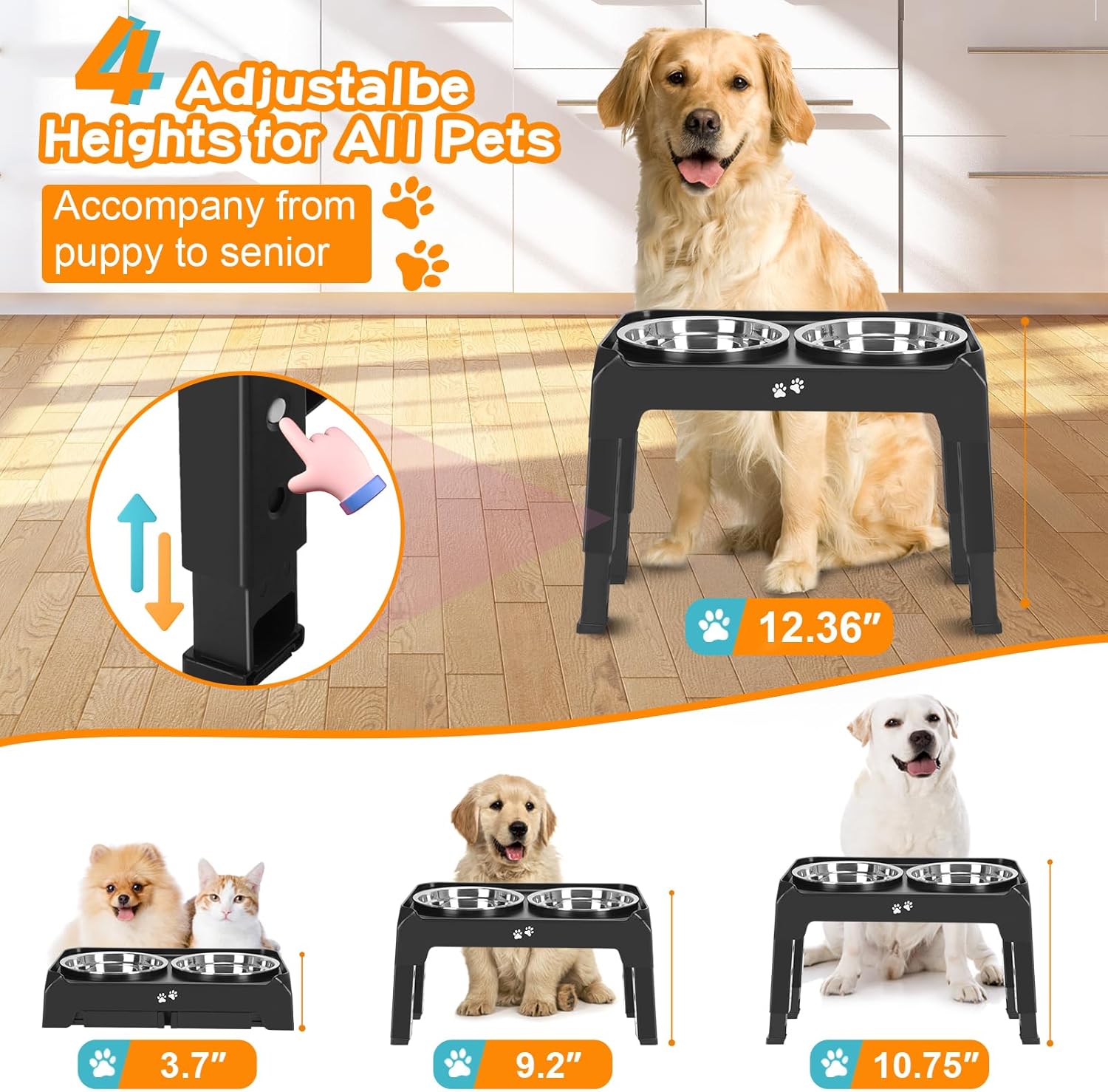 Elevated Dog Bowls, 4 Height Adjustable Raised Dog Bowl Stand with 2 Thick 50oz Stainless Steel Dog Food Bowls Non-Slip Dog Feeder for Large Medium Dogs Adjusts to 3.7, 9.2", 10.75", 12.36" Black