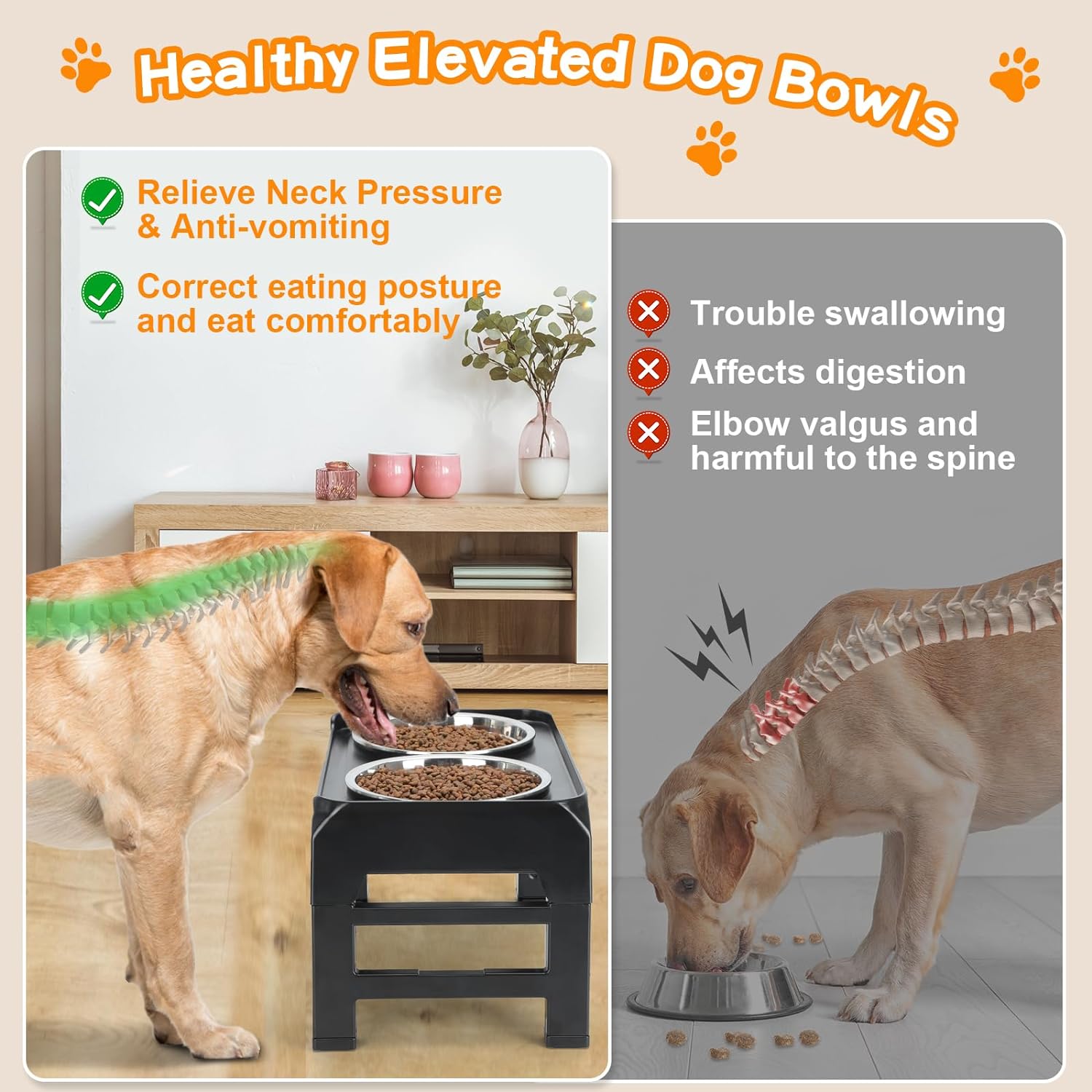 Elevated Dog Bowls, 4 Height Adjustable Raised Dog Bowl Stand with 2 Thick 50oz Stainless Steel Dog Food Bowls Non-Slip Dog Feeder for Large Medium Dogs Adjusts to 3.7, 9.2", 10.75", 12.36" Black