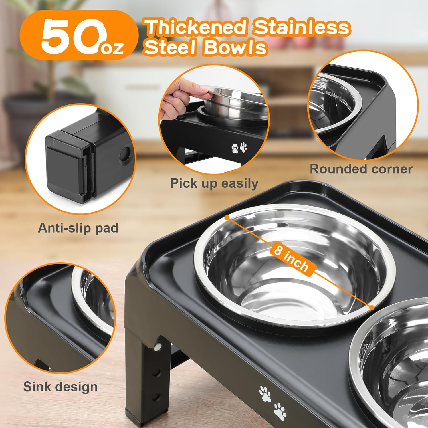 Elevated Dog Bowls, 4 Height Adjustable Raised Dog Bowl Stand with 2 Thick 50oz Stainless Steel Dog Food Bowls Non-Slip Dog Feeder for Large Medium Dogs Adjusts to 3.7, 9.2", 10.75", 12.36" Black