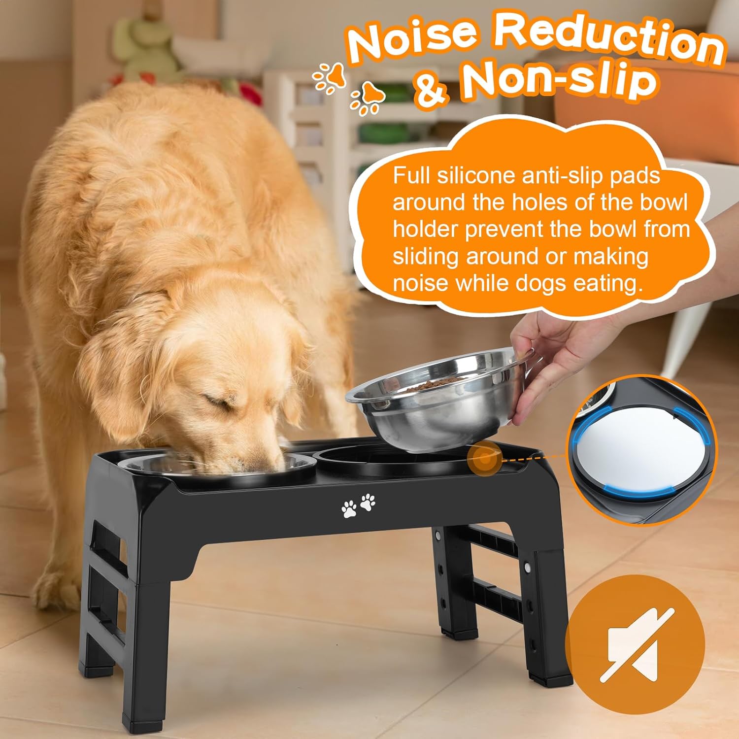 Elevated Dog Bowls, 4 Height Adjustable Raised Dog Bowl Stand with 2 Thick 50oz Stainless Steel Dog Food Bowls Non-Slip Dog Feeder for Large Medium Dogs Adjusts to 3.7, 9.2", 10.75", 12.36" Black