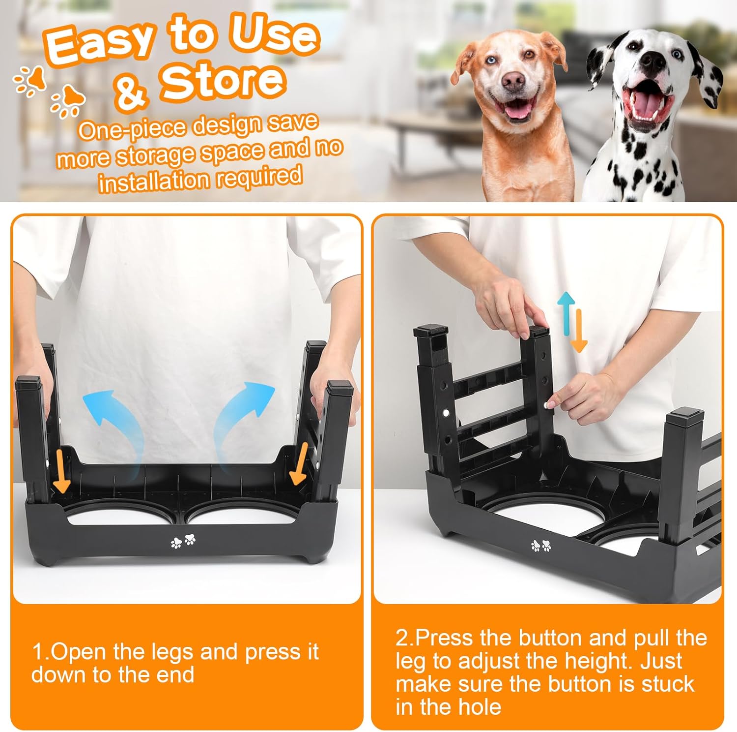 Elevated Dog Bowls, 4 Height Adjustable Raised Dog Bowl Stand with 2 Thick 50oz Stainless Steel Dog Food Bowls Non-Slip Dog Feeder for Large Medium Dogs Adjusts to 3.7, 9.2", 10.75", 12.36" Black