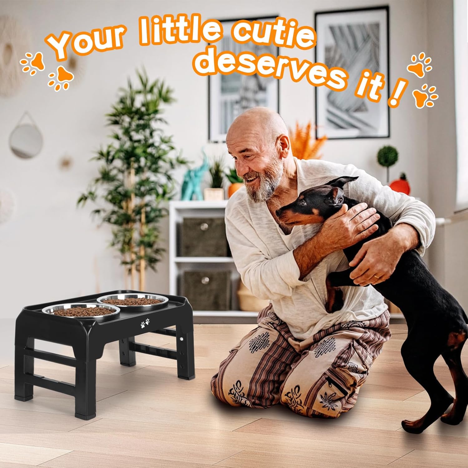 Elevated Dog Bowls, 4 Height Adjustable Raised Dog Bowl Stand with 2 Thick 50oz Stainless Steel Dog Food Bowls Non-Slip Dog Feeder for Large Medium Dogs Adjusts to 3.7, 9.2", 10.75", 12.36" Black