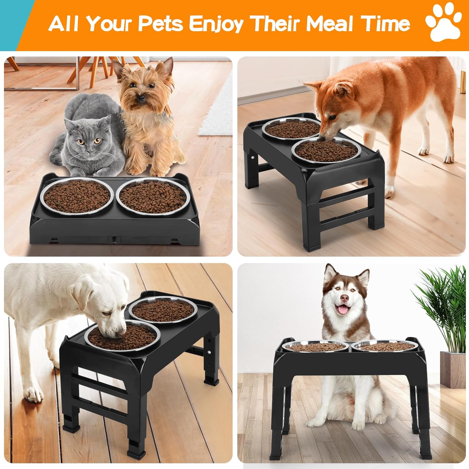 Elevated Dog Bowls, 4 Height Adjustable Raised Dog Bowl Stand with 2 Thick 50oz Stainless Steel Dog Food Bowls Non-Slip Dog Feeder for Large Medium Dogs Adjusts to 3.7, 9.2", 10.75", 12.36" Black