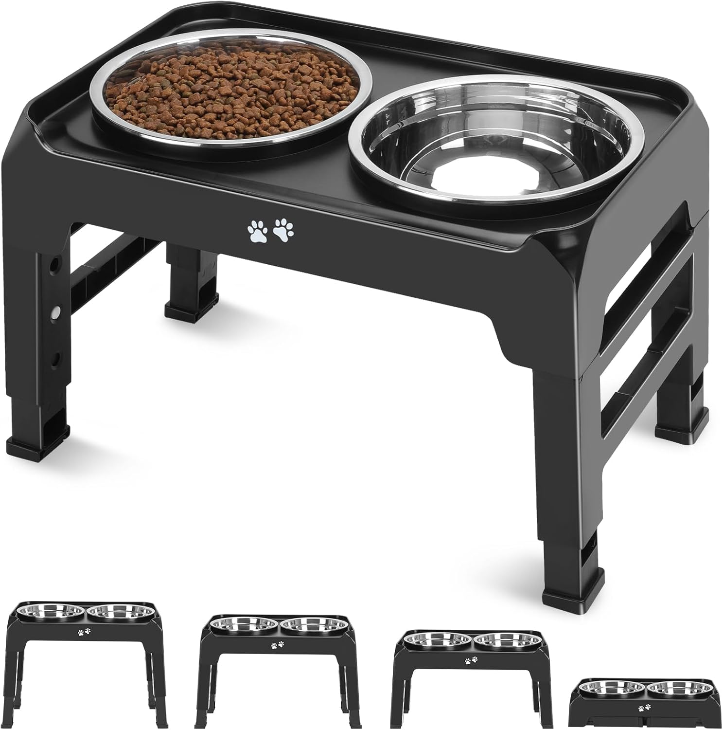 Elevated Dog Bowls, 4 Height Adjustable Raised Dog Bowl Stand with 2 Thick 50oz Stainless Steel Dog Food Bowls Non-Slip Dog Feeder for Large Medium Dogs Adjusts to 3.7, 9.2", 10.75", 12.36" Black