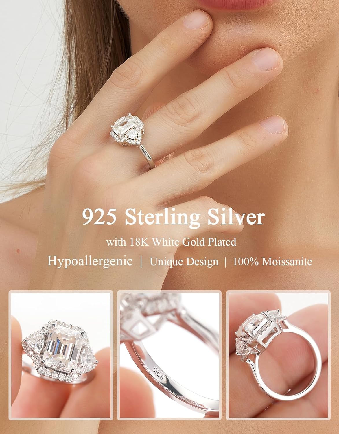 5ct Moissanite Engagement Ring for Women,3 Stone Emerald Cut D Color VVS1,S925 Sterling Silver with 18K White Gold Plated promise anniversary Vintage Wedding Band Valentines Day Gift · v2
