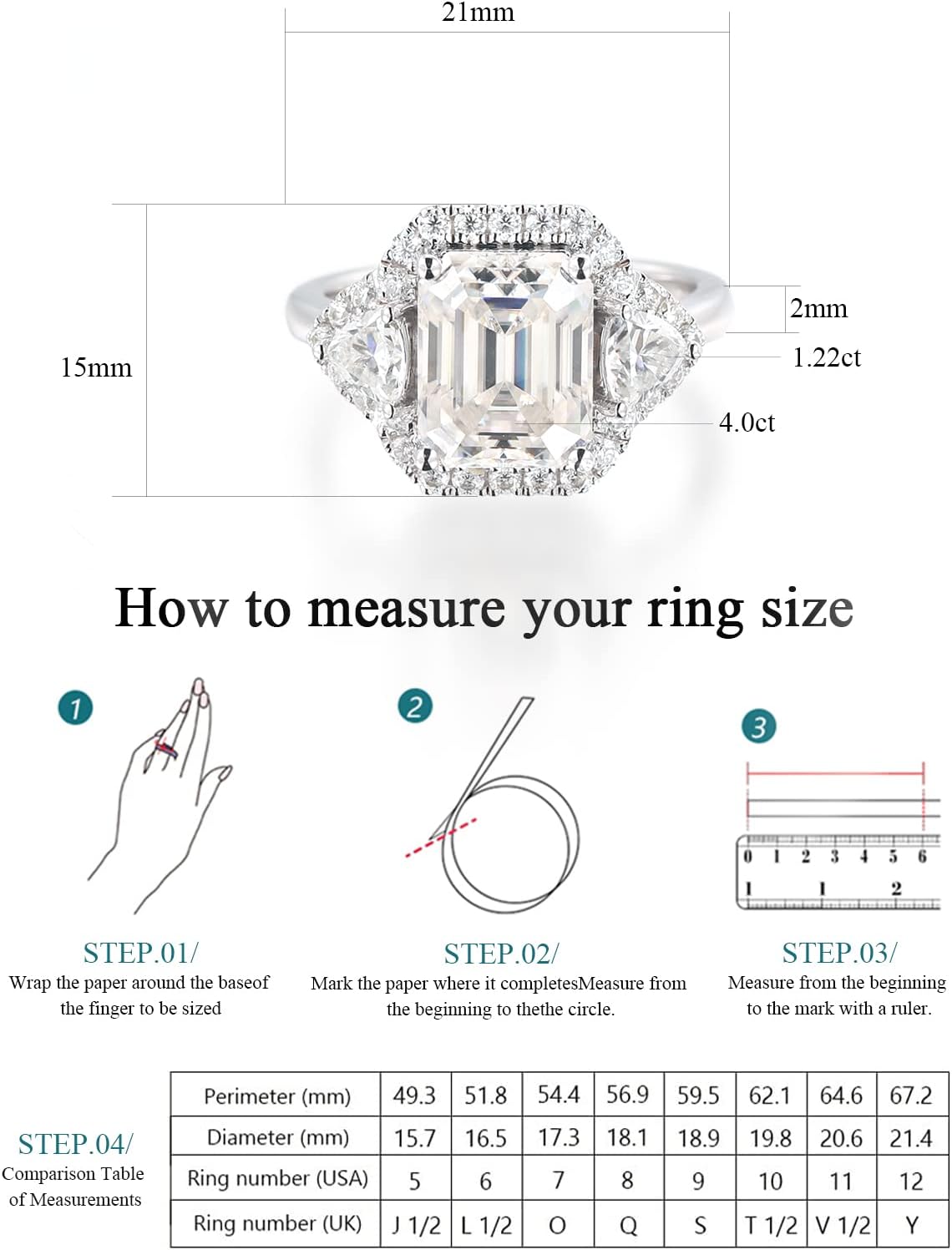 5ct Moissanite Engagement Ring for Women,3 Stone Emerald Cut D Color VVS1,S925 Sterling Silver with 18K White Gold Plated promise anniversary Vintage Wedding Band Valentines Day Gift · v2