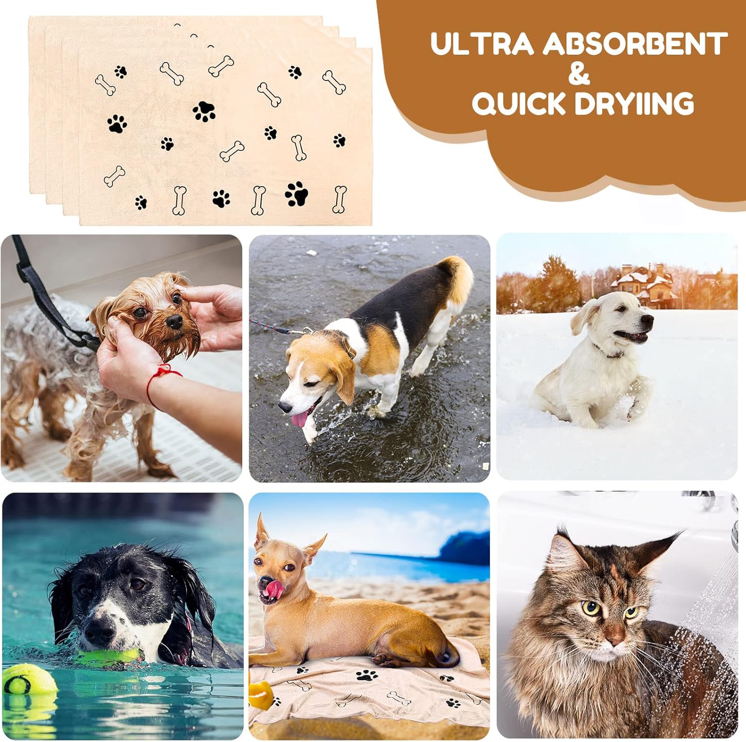 Chumia 4 Pcs Dog Towels for Drying Dogs Puppy Towel Bulk Microfiber Absorbent Towel Pet Bathing Supplies Quick Drying Paw Towel for Medium Dogs Cats Pets Shower (Light Brown,24 x 40 Inch)