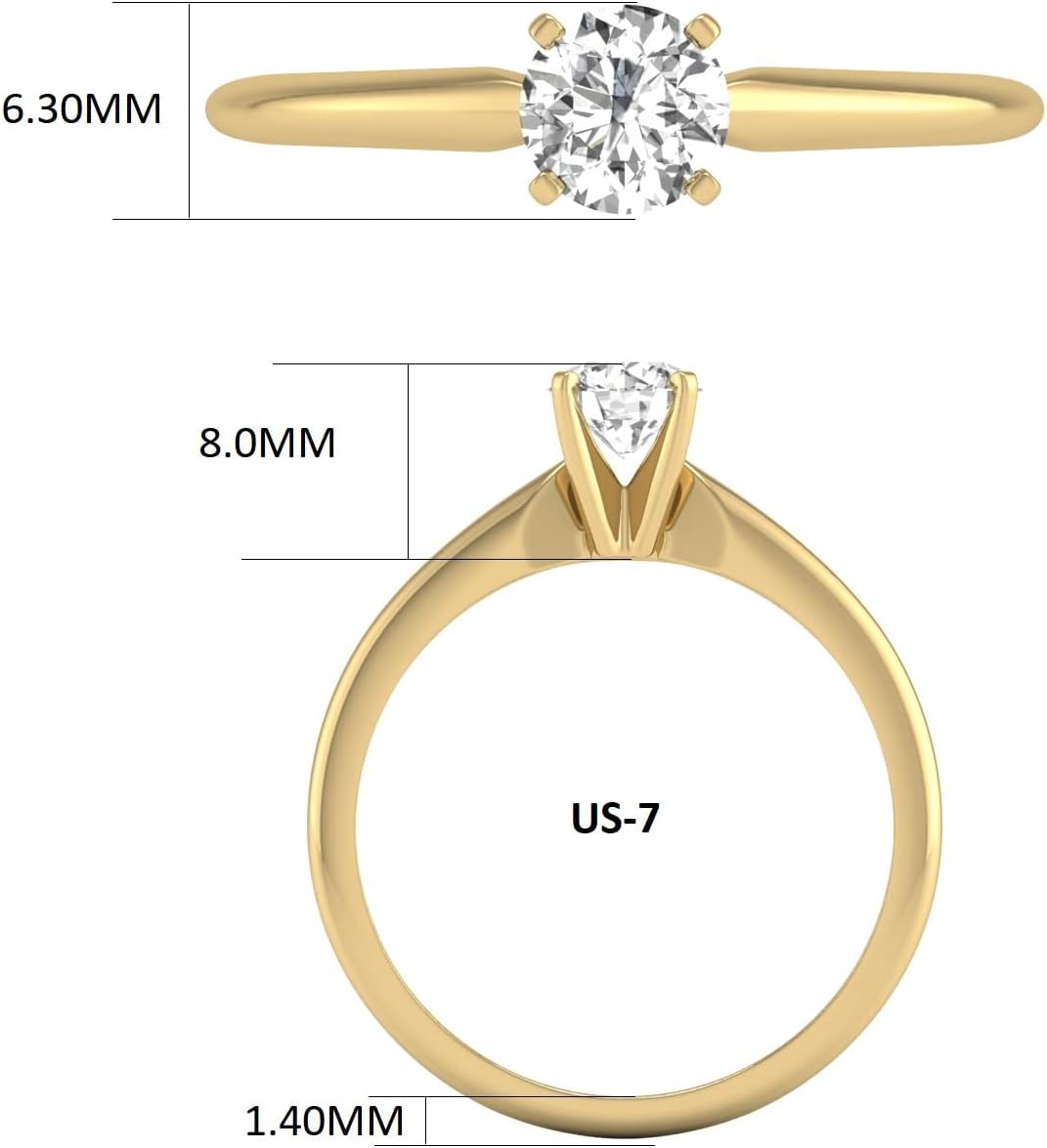 Anello da donna con diamante solitario rotondo coltivato in laboratorio da 1/4-2 carati - Disponibile in oro bianco e giallo 14 carati Gioielli per matrimonio, anniversario, fidanzamento (colore F-G VS-SI Purezza)