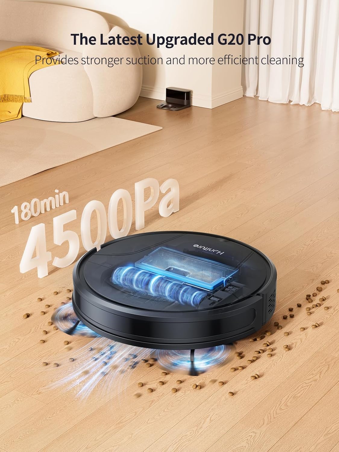 HONITURE 로봇 진공 청소기 및 걸레 콤보, 4500pa 강력한 흡입력 로봇 진공 청소기, 자체 충전, 180분 작동, AppRemote 및 음성 제어, 초슬림, 반려동물 털에 이상적(G20 Pro)