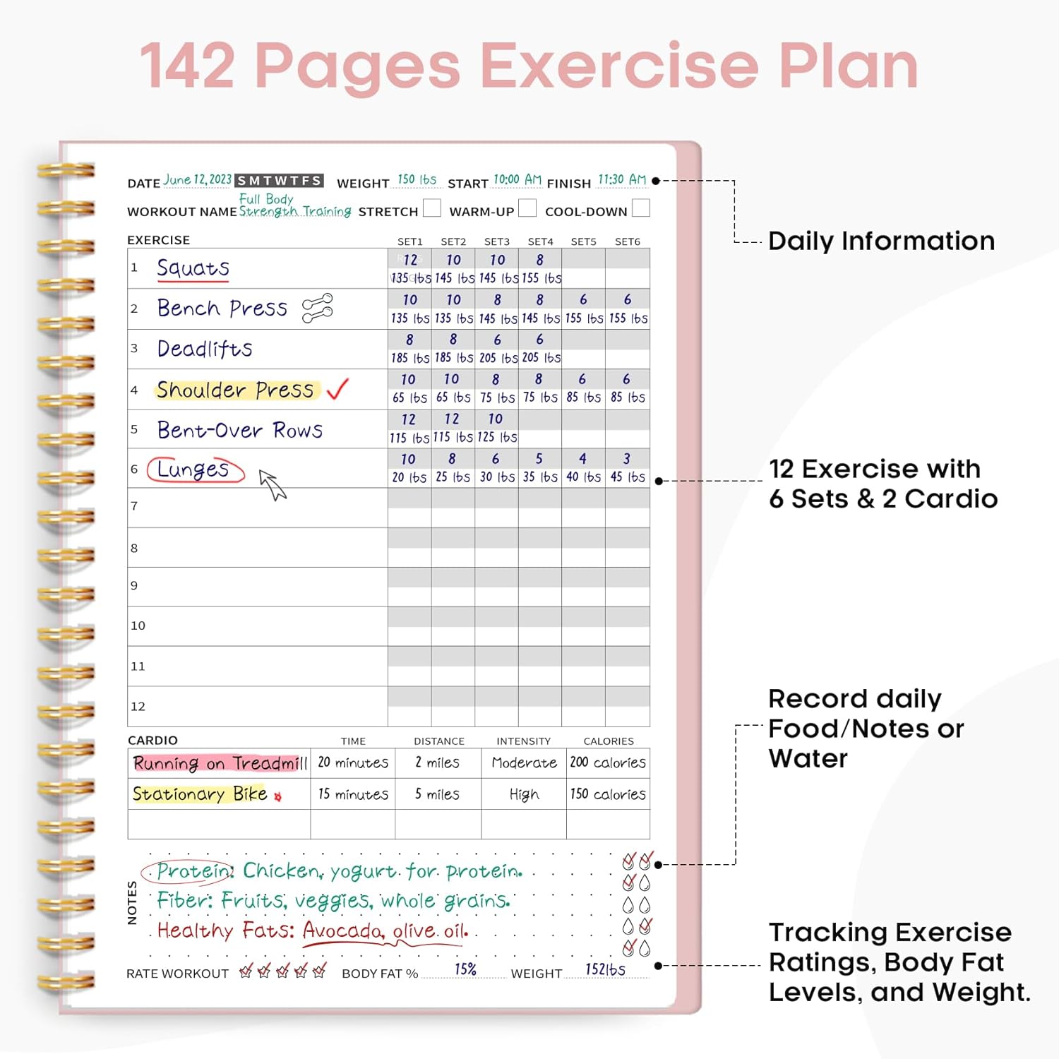 Kadın Erkekler için Fitness Egzersiz Günlüğü, A5 (5.5 x 8.2") Sağlık Hedeflerinizi İzlemek, İlerlemek ve Sağlıklı Yaşamak için Egzersiz Günlük Kitabı Planlayıcı-Pembe
