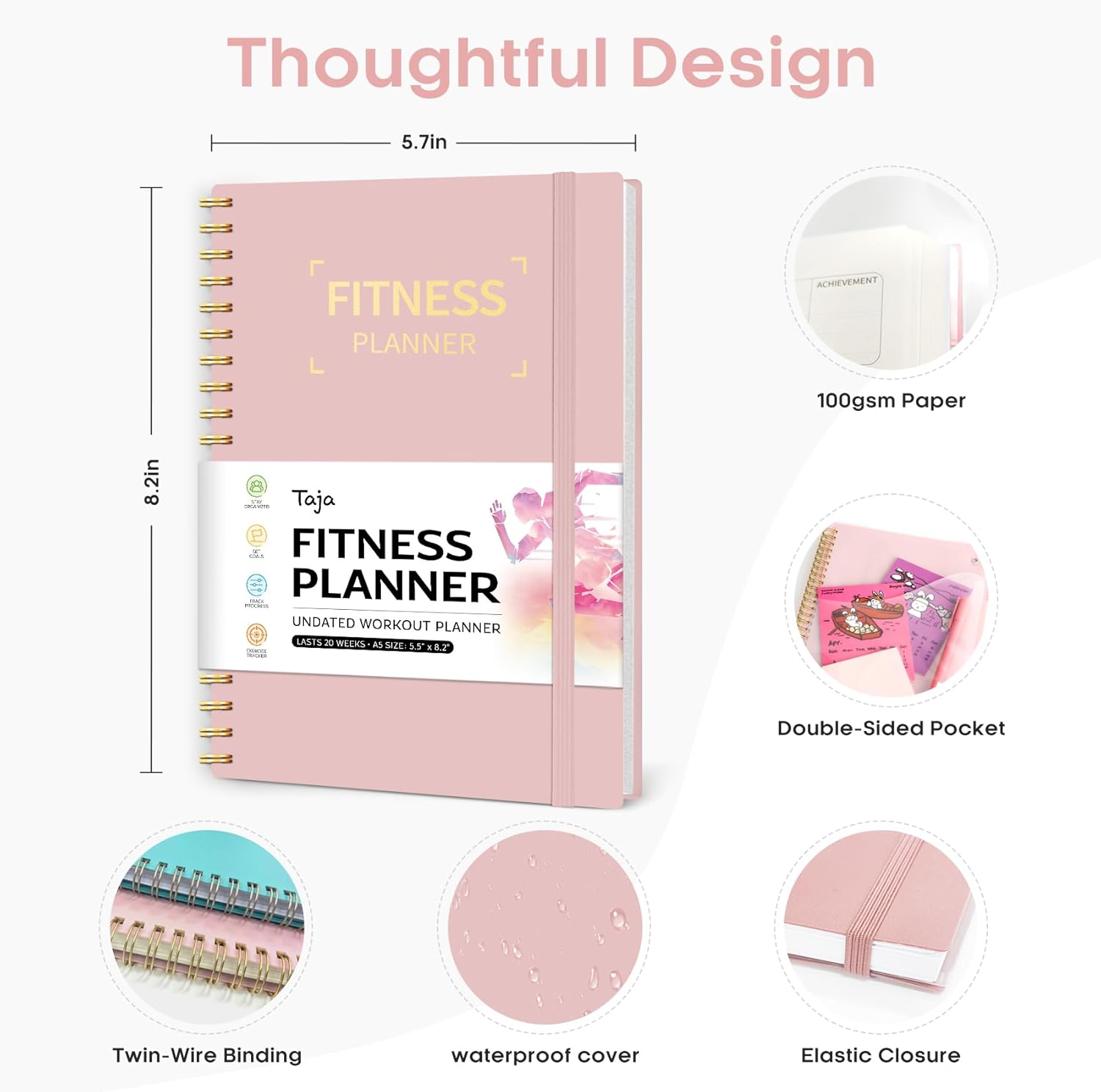 Kadın Erkekler için Fitness Egzersiz Günlüğü, A5 (5.5 x 8.2") Sağlık Hedeflerinizi İzlemek, İlerlemek ve Sağlıklı Yaşamak için Egzersiz Günlük Kitabı Planlayıcı-Pembe
