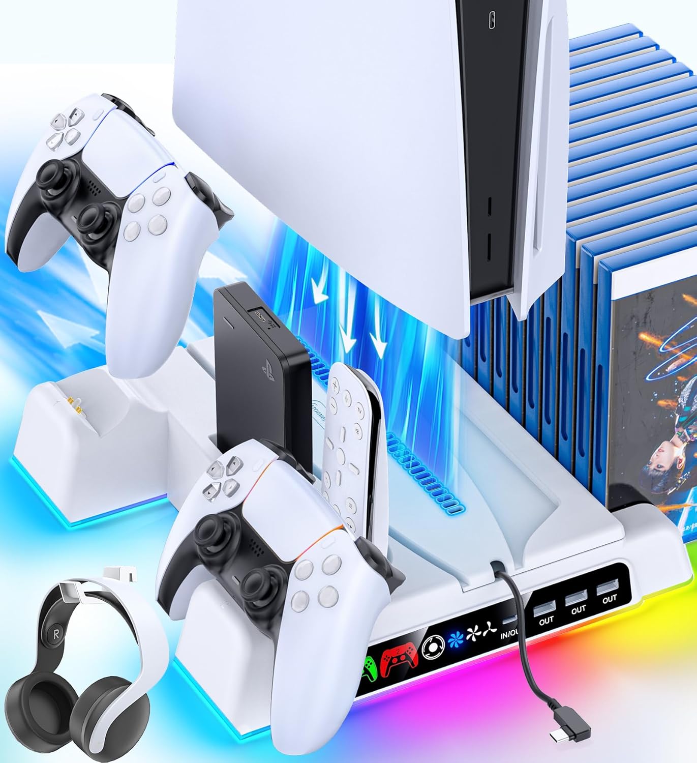 Diskli Dijital Konsol için PS5/Slim/Pro Standı, PlayStation 5 Konsolu için Çift Denetleyicili Şarj İstasyonlu PS5 Soğutma İstasyonu, 3 Seviyeli Fan PS5 Denetleyici Şarj Cihazı Aksesuarları Standı