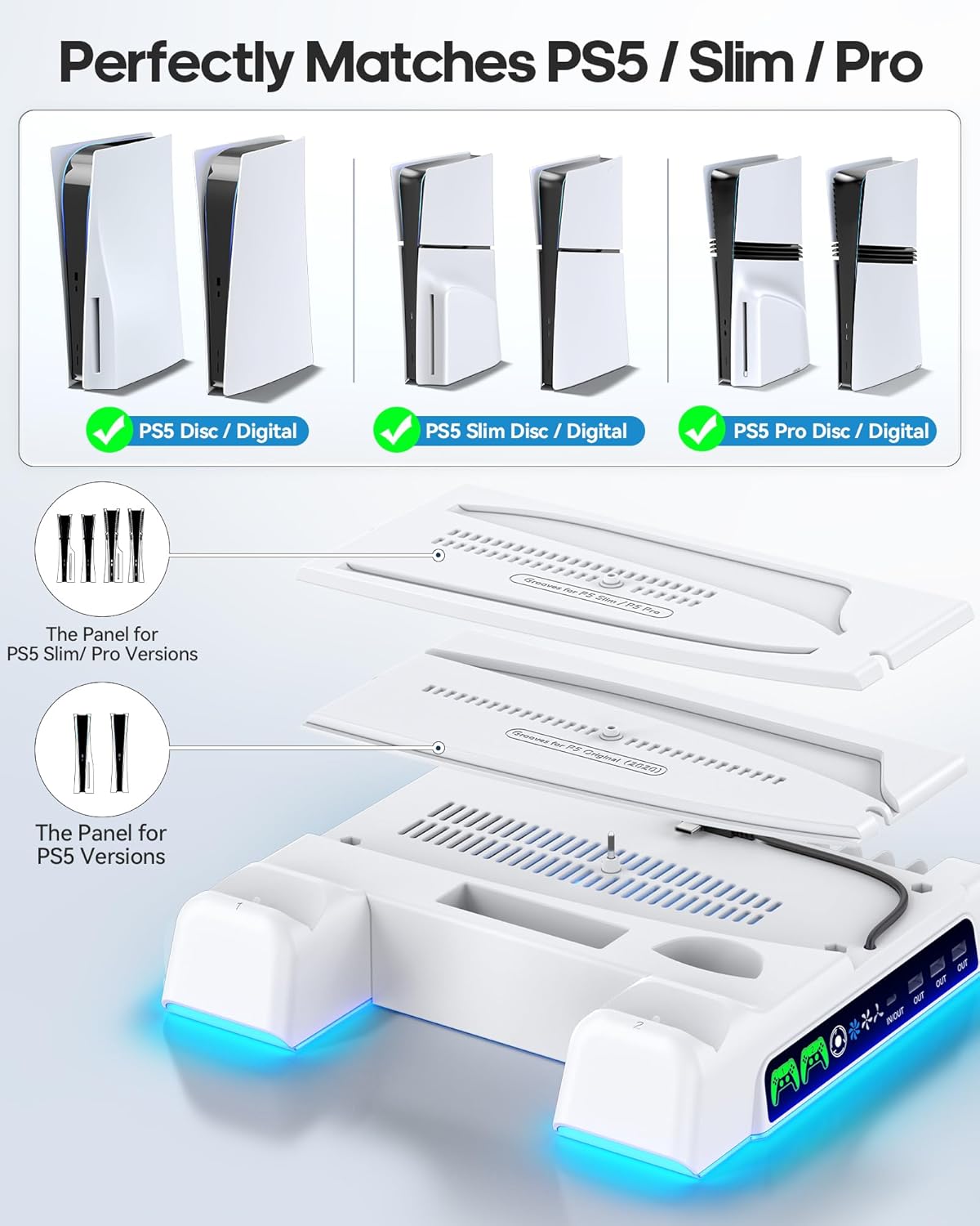 Diskli Dijital Konsol için PS5/Slim/Pro Standı, PlayStation 5 Konsolu için Çift Denetleyicili Şarj İstasyonlu PS5 Soğutma İstasyonu, 3 Seviyeli Fan PS5 Denetleyici Şarj Cihazı Aksesuarları Standı