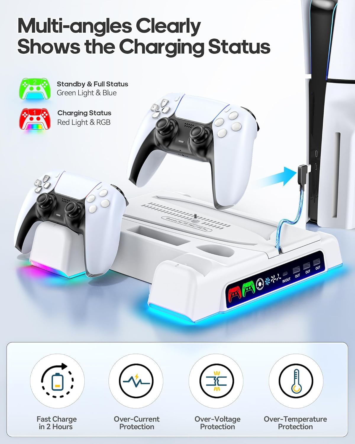 Diskli Dijital Konsol için PS5/Slim/Pro Standı, PlayStation 5 Konsolu için Çift Denetleyicili Şarj İstasyonlu PS5 Soğutma İstasyonu, 3 Seviyeli Fan PS5 Denetleyici Şarj Cihazı Aksesuarları Standı