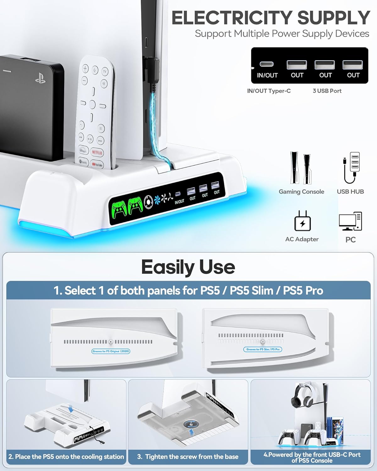 Diskli Dijital Konsol için PS5/Slim/Pro Standı, PlayStation 5 Konsolu için Çift Denetleyicili Şarj İstasyonlu PS5 Soğutma İstasyonu, 3 Seviyeli Fan PS5 Denetleyici Şarj Cihazı Aksesuarları Standı