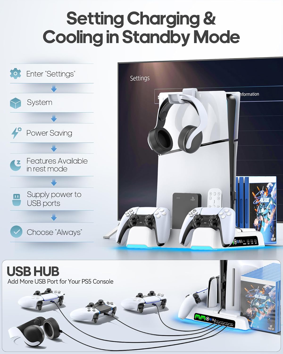 Diskli Dijital Konsol için PS5/Slim/Pro Standı, PlayStation 5 Konsolu için Çift Denetleyicili Şarj İstasyonlu PS5 Soğutma İstasyonu, 3 Seviyeli Fan PS5 Denetleyici Şarj Cihazı Aksesuarları Standı