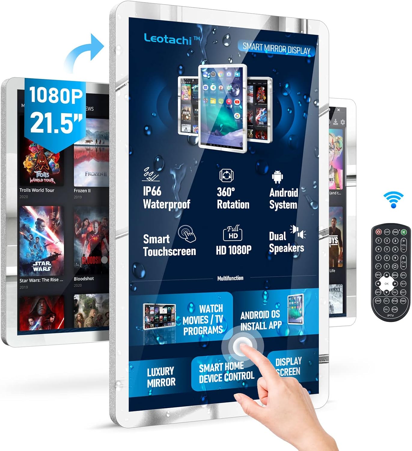 21.5 inch Touch Screen Mirror IP66 Waterproof TV for Bathroom Shower - Support 360° Rotation, 500 nits High Brightness Full HD 1080P LED Built-in Android OS WiFi/LAN/USB/BT/HDMI(Silver) · v7