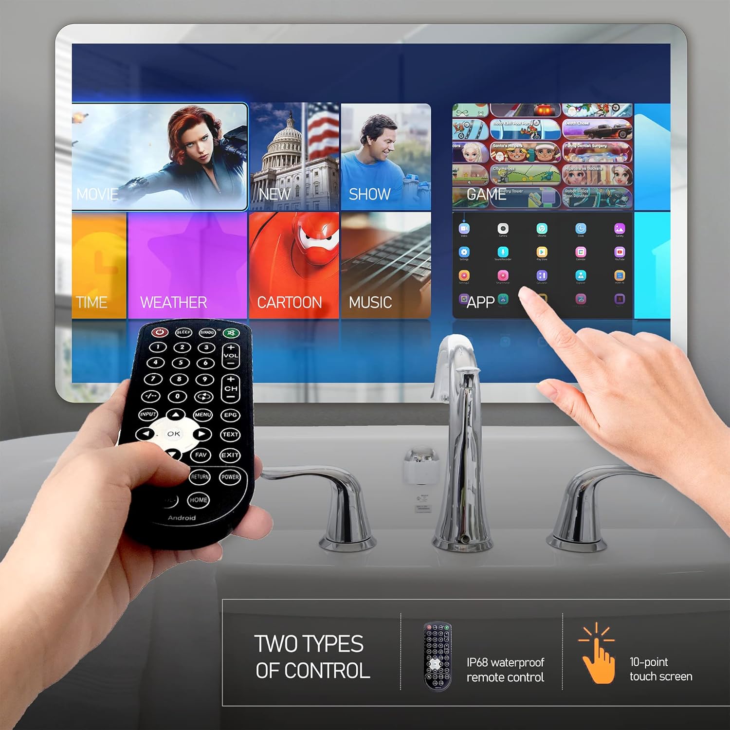 21.5 inch Touch Screen Mirror IP66 Waterproof TV for Bathroom Shower - Support 360° Rotation, 500 nits High Brightness Full HD 1080P LED Built-in Android OS WiFi/LAN/USB/BT/HDMI(Silver) · v7