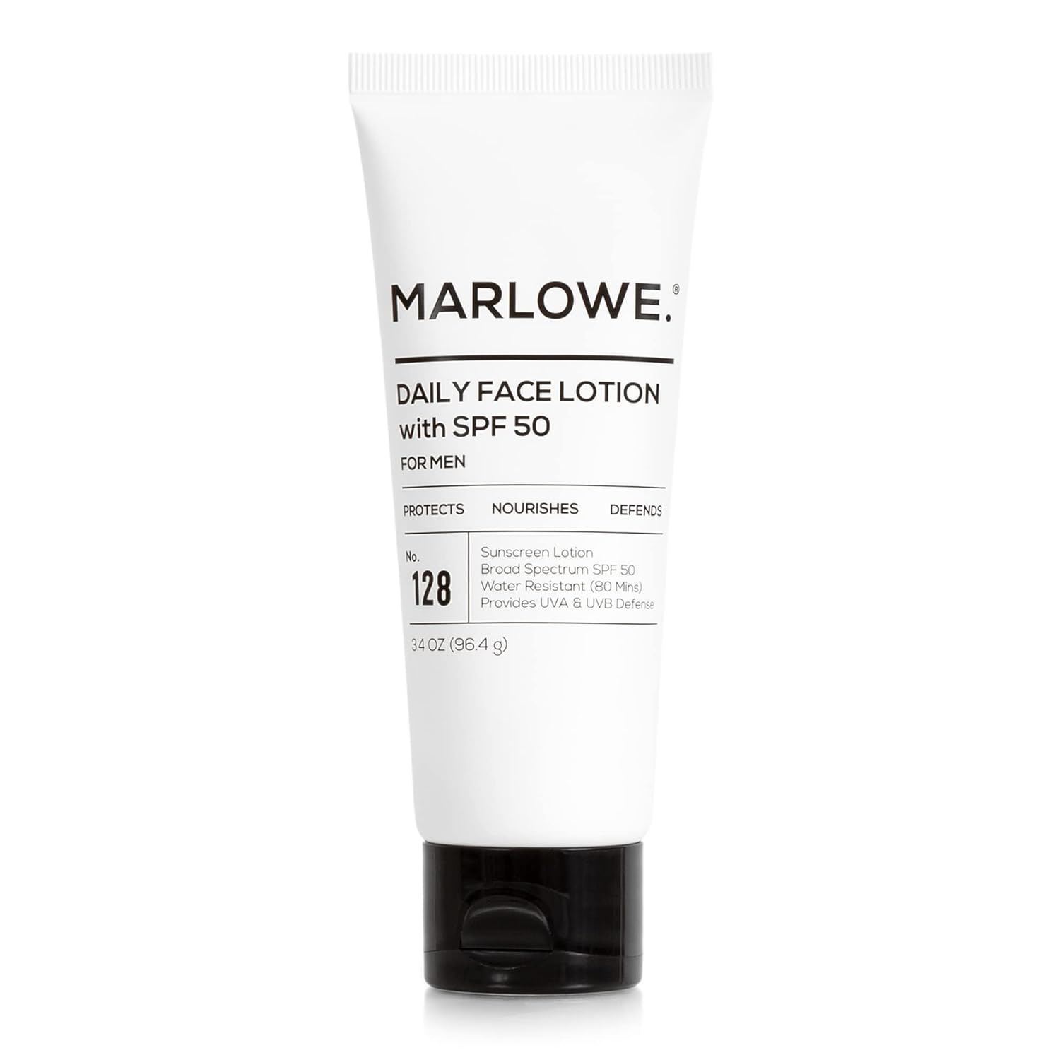 MARLOWE. No. 128 Mens Facial Lotion with Sunscreen SPF 50, 3.4 oz, Oil-Free, Lightweight Daily Face Moisturizer for Men, Includes Natural Extracts to Hydrate, Nourish  Soothe