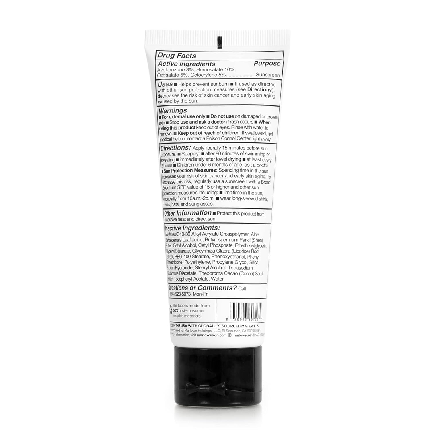 MARLOWE. No. 128 Mens Facial Lotion with Sunscreen SPF 50, 3.4 oz, Oil-Free, Lightweight Daily Face Moisturizer for Men, Includes Natural Extracts to Hydrate, Nourish  Soothe