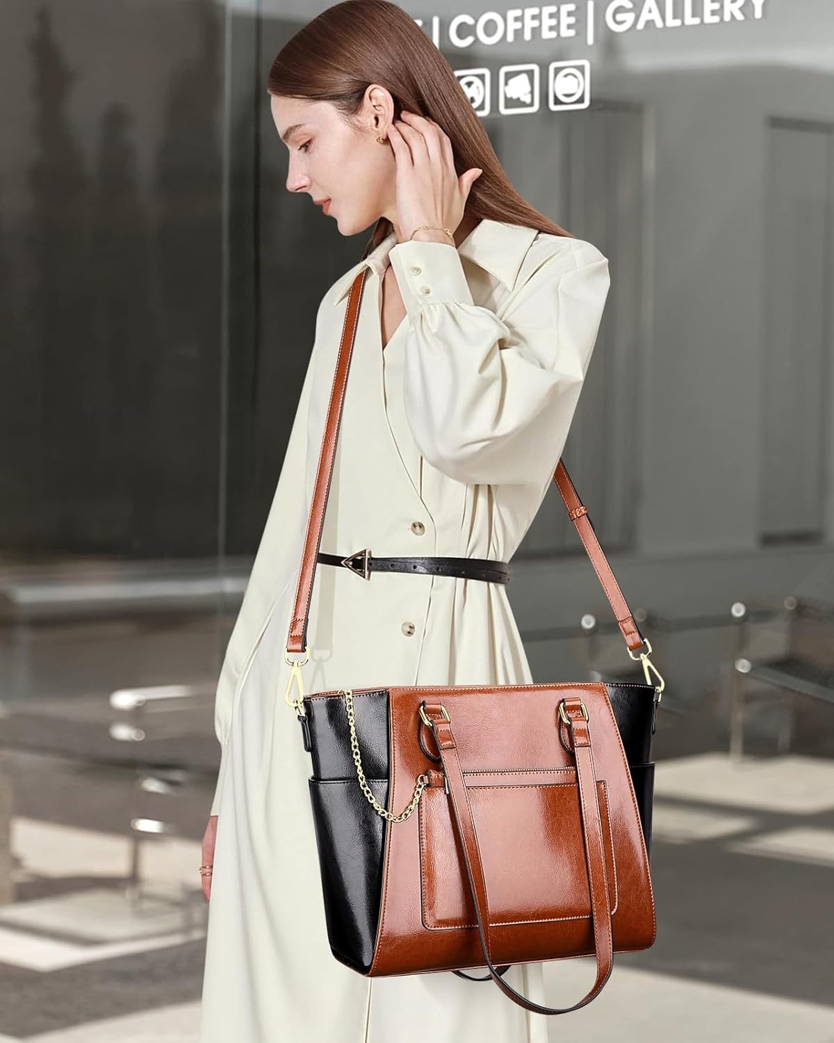 Over Earth Tragetaschen aus Leder für Damen, modische Schultertasche, Handtasche und Geldbörse (O195E Braun/Schwarz)