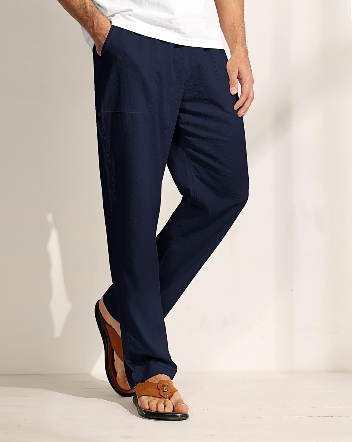 Ficerd 2 Pcs Mens Drawstring Linen Pants Men Casual Beach Trousers with Pocket Lightweight Elastic Yoga Pant