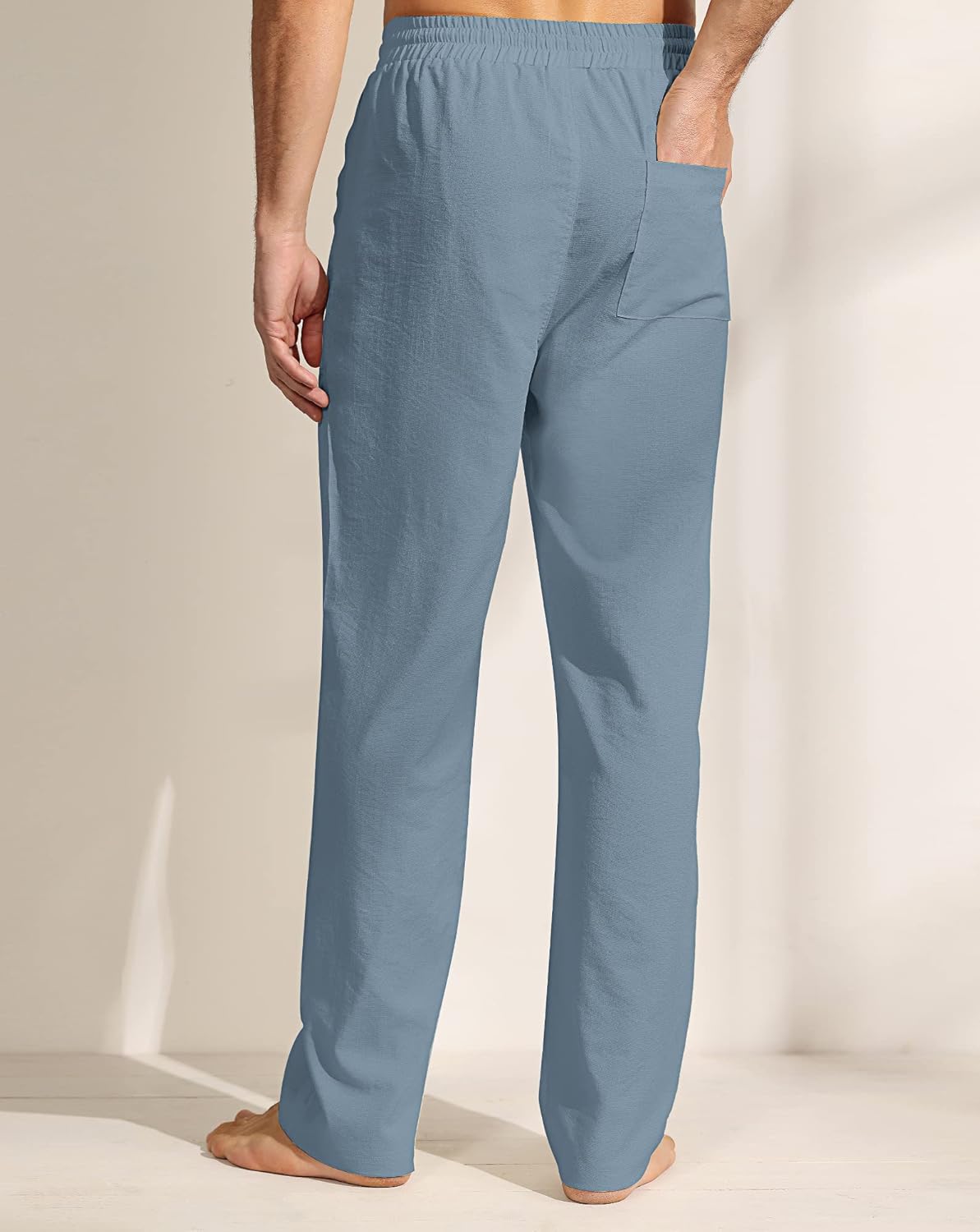 Ficerd 2 Pcs Mens Drawstring Linen Pants Men Casual Beach Trousers with Pocket Lightweight Elastic Yoga Pant
