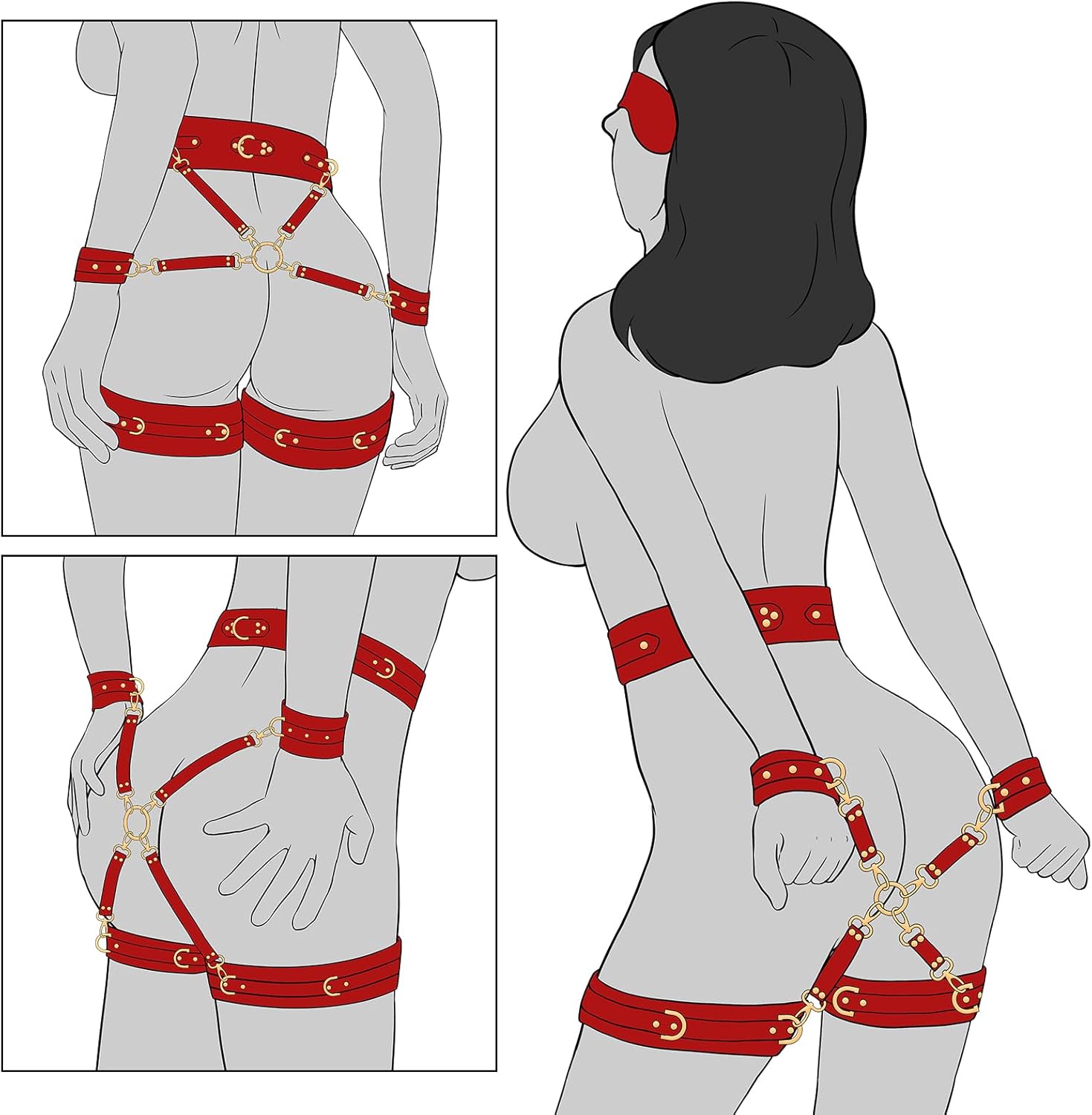 Sex Bondage BDSM Kit de retenue, ensemble de 6 pièces avec menottes réglables, menottes, chevilles, poignets, cuisses, bandeau, bretelles croisées, ceinture, ceinture, jeux SM pour adultes, jouets sexuels pour hommes, femmes et couples