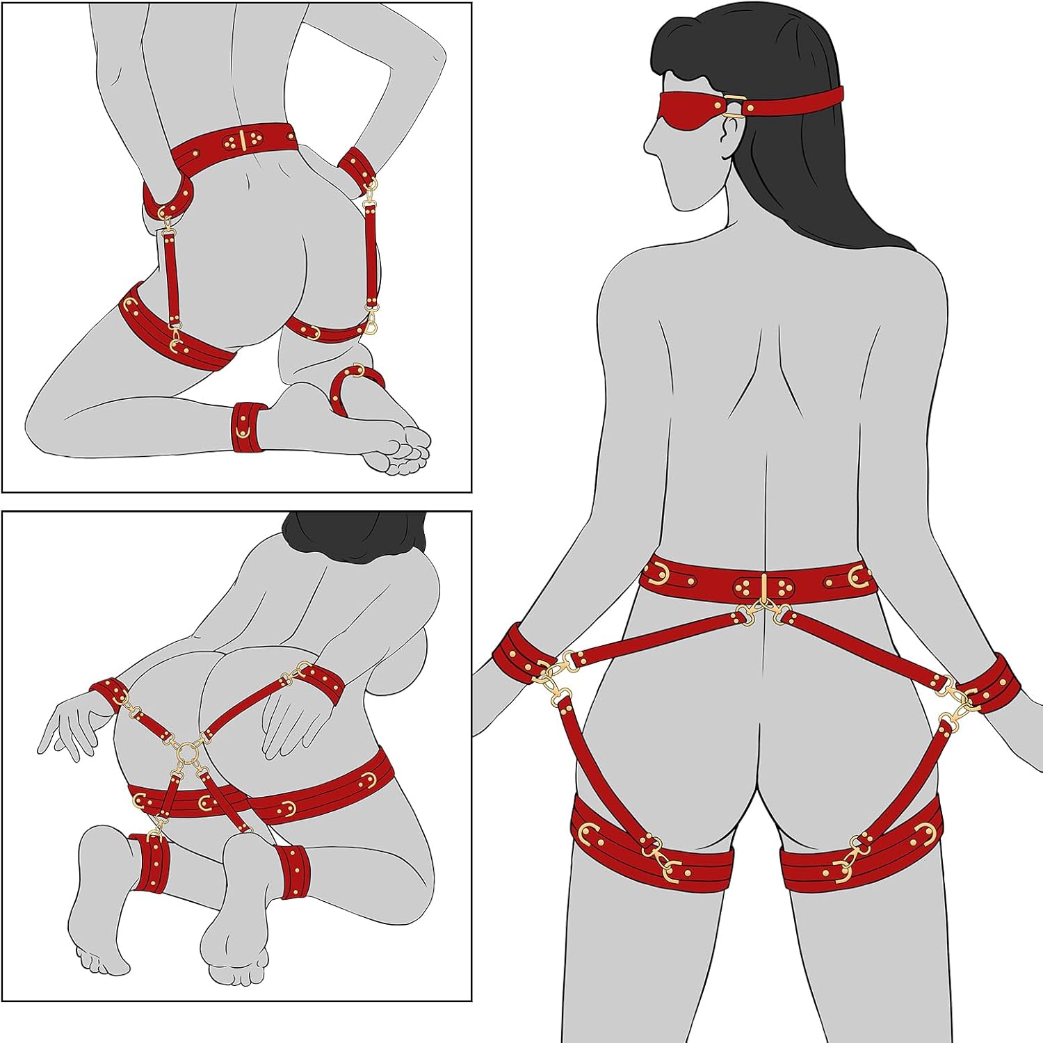 Sex Bondage BDSM Kit de retenue, ensemble de 6 pièces avec menottes réglables, menottes, chevilles, poignets, cuisses, bandeau, bretelles croisées, ceinture, ceinture, jeux SM pour adultes, jouets sexuels pour hommes, femmes et couples