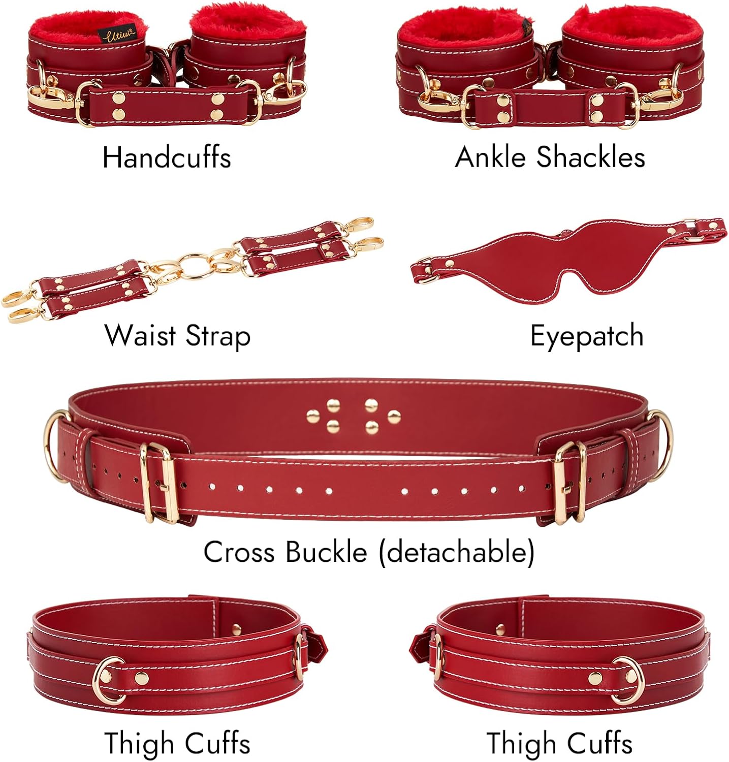 Sex Bondage BDSM Kit de retenue, ensemble de 6 pièces avec menottes réglables, menottes, chevilles, poignets, cuisses, bandeau, bretelles croisées, ceinture, ceinture, jeux SM pour adultes, jouets sexuels pour hommes, femmes et couples