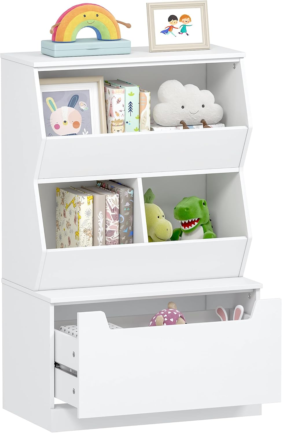UTEX ชั้นวางของเล่นสำหรับเด็ก ชั้นวางหนังสือสำหรับเด็ก และตู้หนังสือพร้อมลิ้นชัก ช่องเก็บของแบบเปิดโล่งสำหรับห้องเด็ก ห้องเด็กเล่น ห้องเด็กอ่อน สีขาว