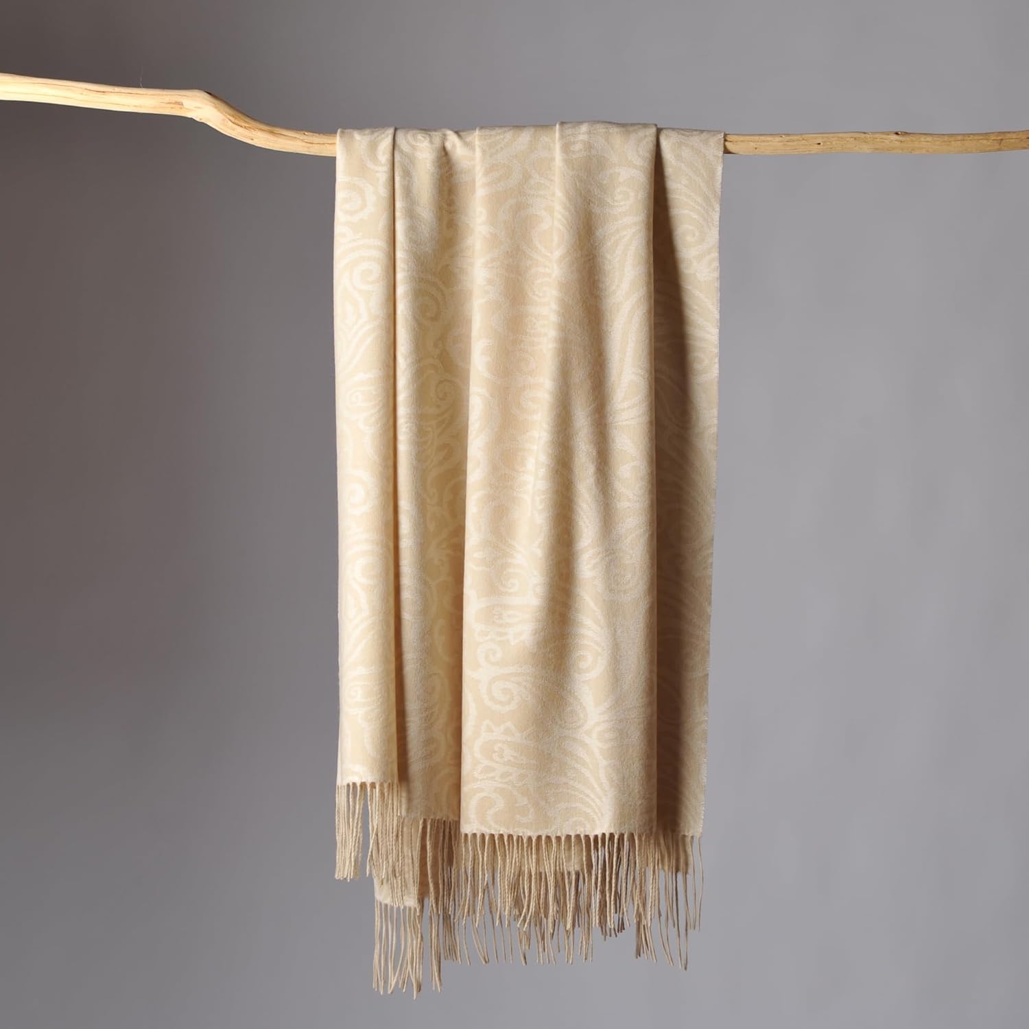 CUDDLE DREAMS Premium Cashmere Throw Blanket with Fringe, Luxuriously Soft (Paisley Beige) · v2