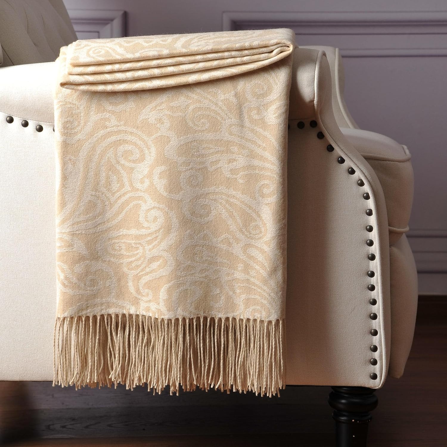 CUDDLE DREAMS Premium Cashmere Throw Blanket with Fringe, Luxuriously Soft (Paisley Beige) · v2