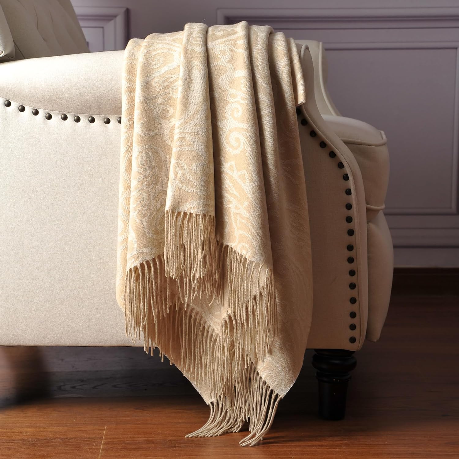 CUDDLE DREAMS Premium Cashmere Throw Blanket with Fringe, Luxuriously Soft (Paisley Beige) · v2