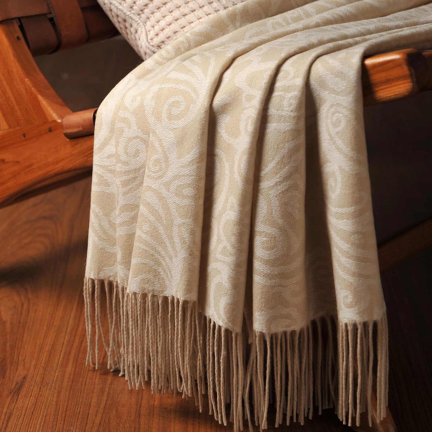 CUDDLE DREAMS Premium Cashmere Throw Blanket with Fringe, Luxuriously Soft (Paisley Beige) · v2