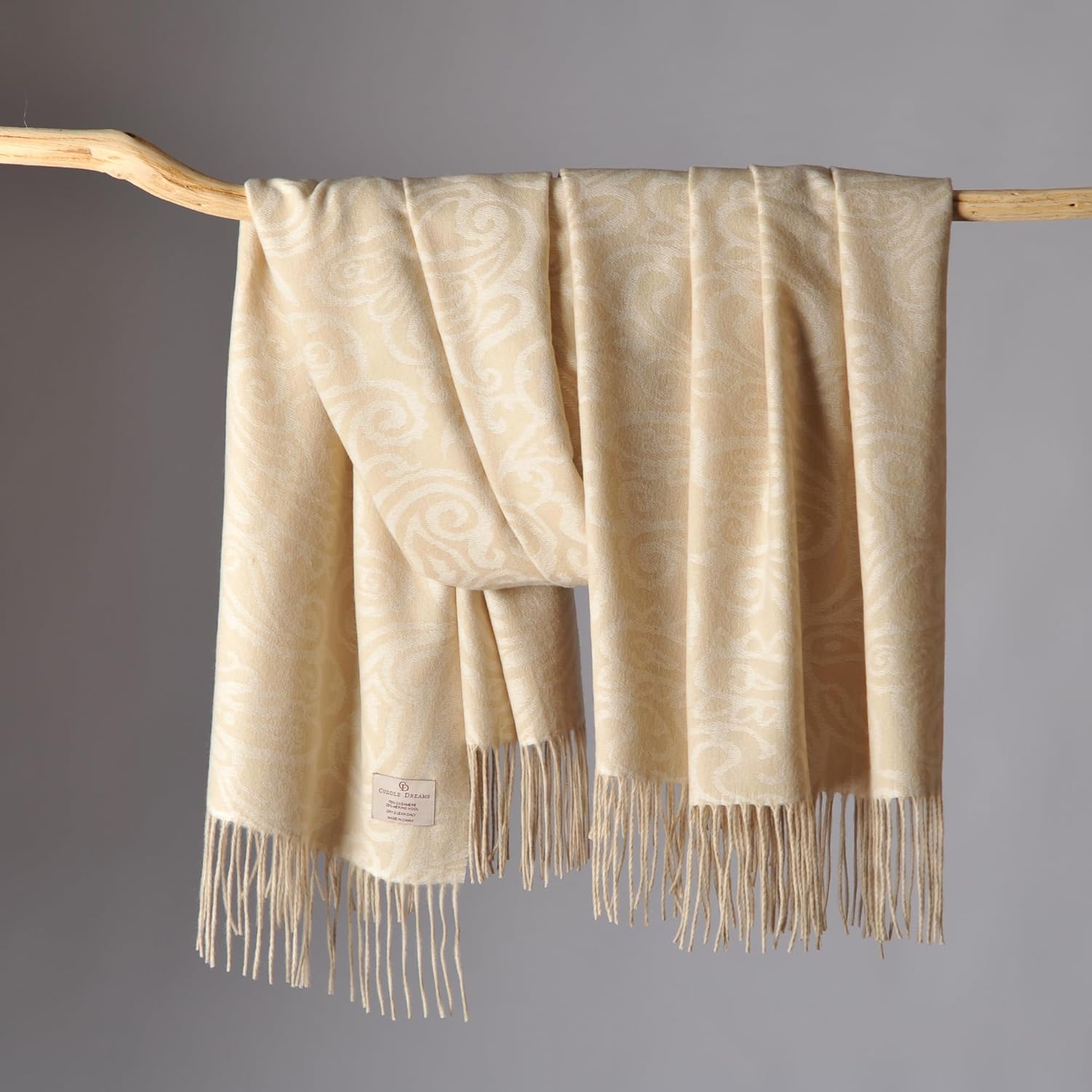 CUDDLE DREAMS Premium Cashmere Throw Blanket with Fringe, Luxuriously Soft (Paisley Beige) · v2