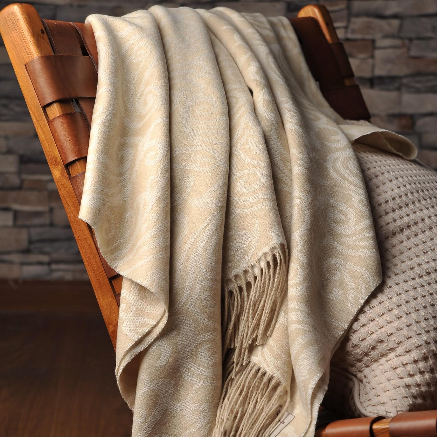 CUDDLE DREAMS Premium Cashmere Throw Blanket with Fringe, Luxuriously Soft (Paisley Beige) · v2