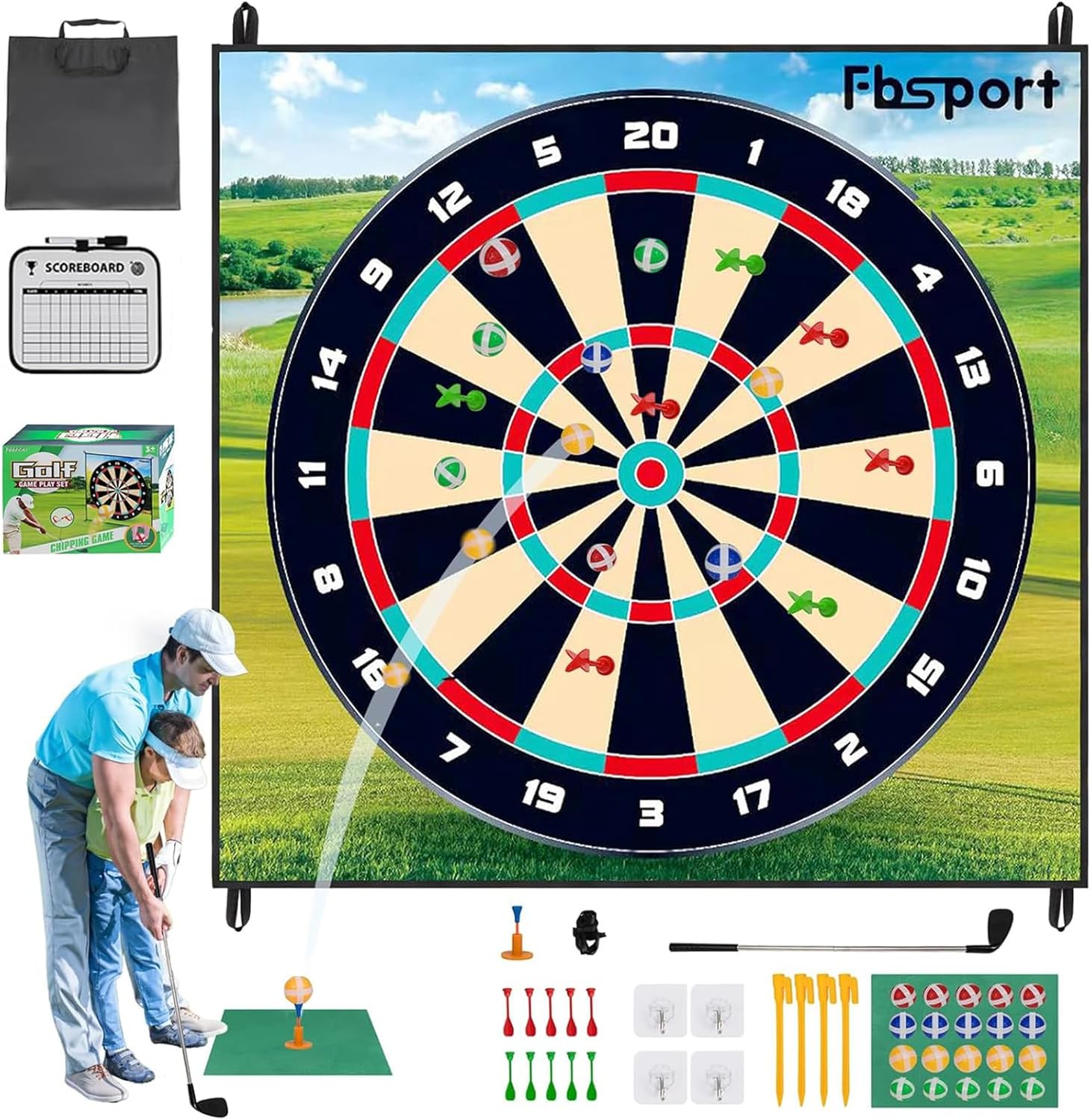 FBSPORT Golf Chipping Game con palline adesive e freccette, tappetini per allenamento con freccette, giochi al coperto e all'aperto, set da golf per bambini di età superiore a 3 anni e adulti (include una mazza da golf)