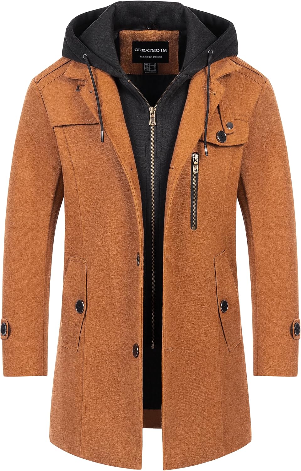 CREATMO US Mens Classic Pea Coat Wool Blend Trench Coat Windproof Business Overcoat With Detachable Hood · v3