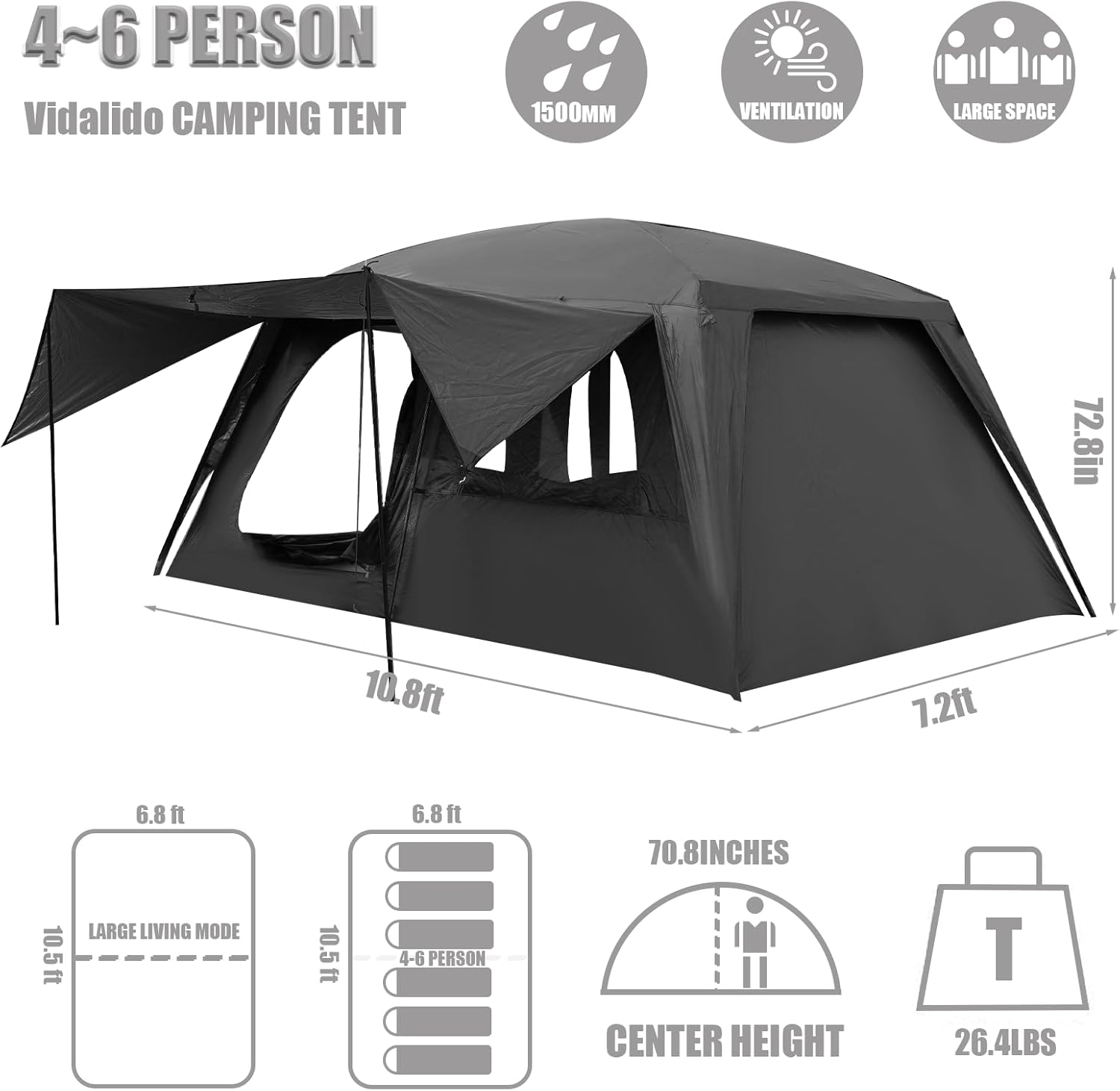 Vidalido Campingzelt für 4-6 Personen mit großen 3-türigen 2-Zimmer-Familienzelten, zweilagiges, wasserdichtes, tragbares Glamping-Zelt, große Zelte für Outdoor-Camping, Wandern und Rucksackreisen