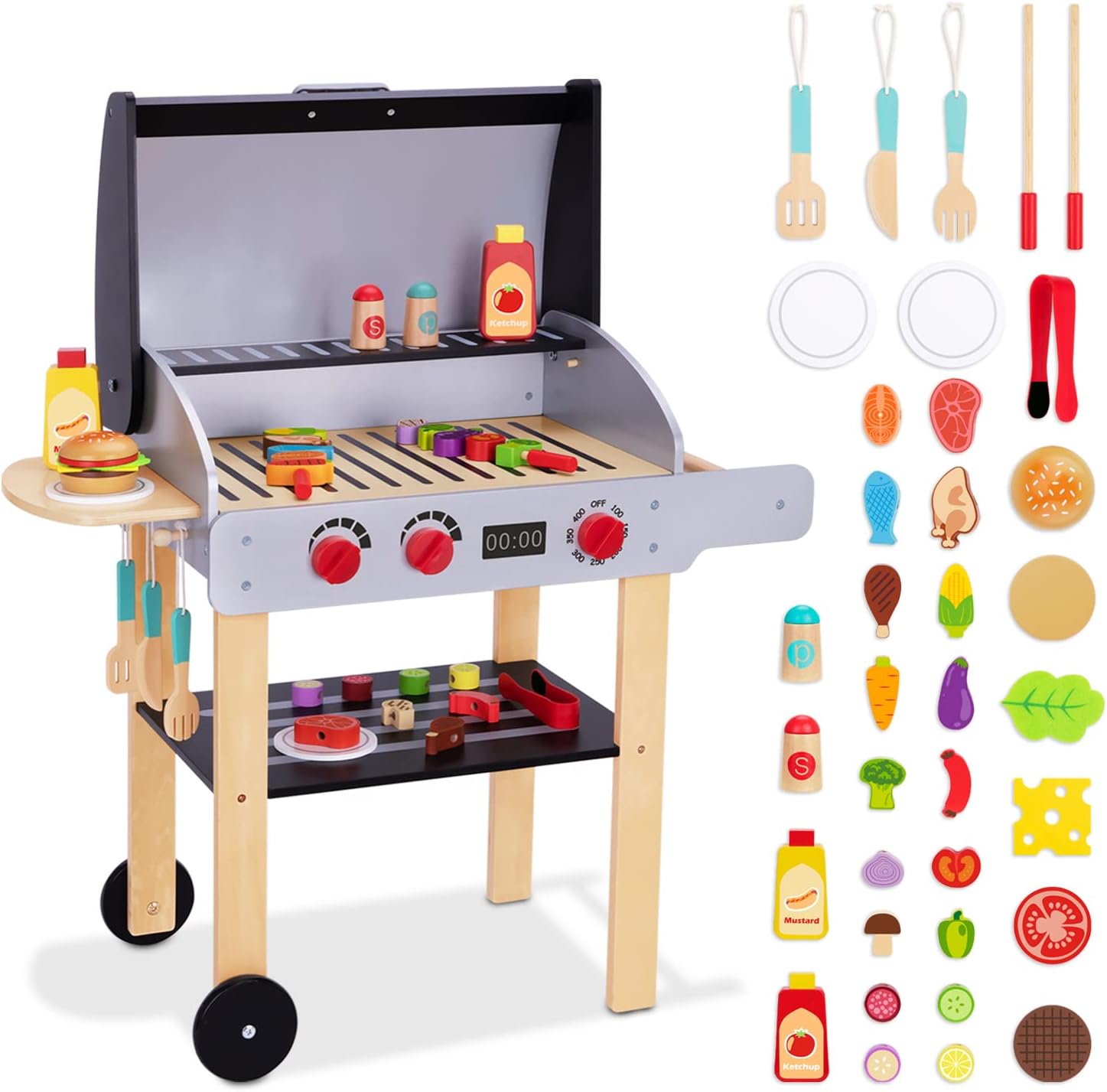 Wooden Play Barbecue Toy Grill, Kids Grill Playset with Play Food and Grilling Tools, Play Kitchen Accessories for Toddlers Boys Girls Age 3 · v3