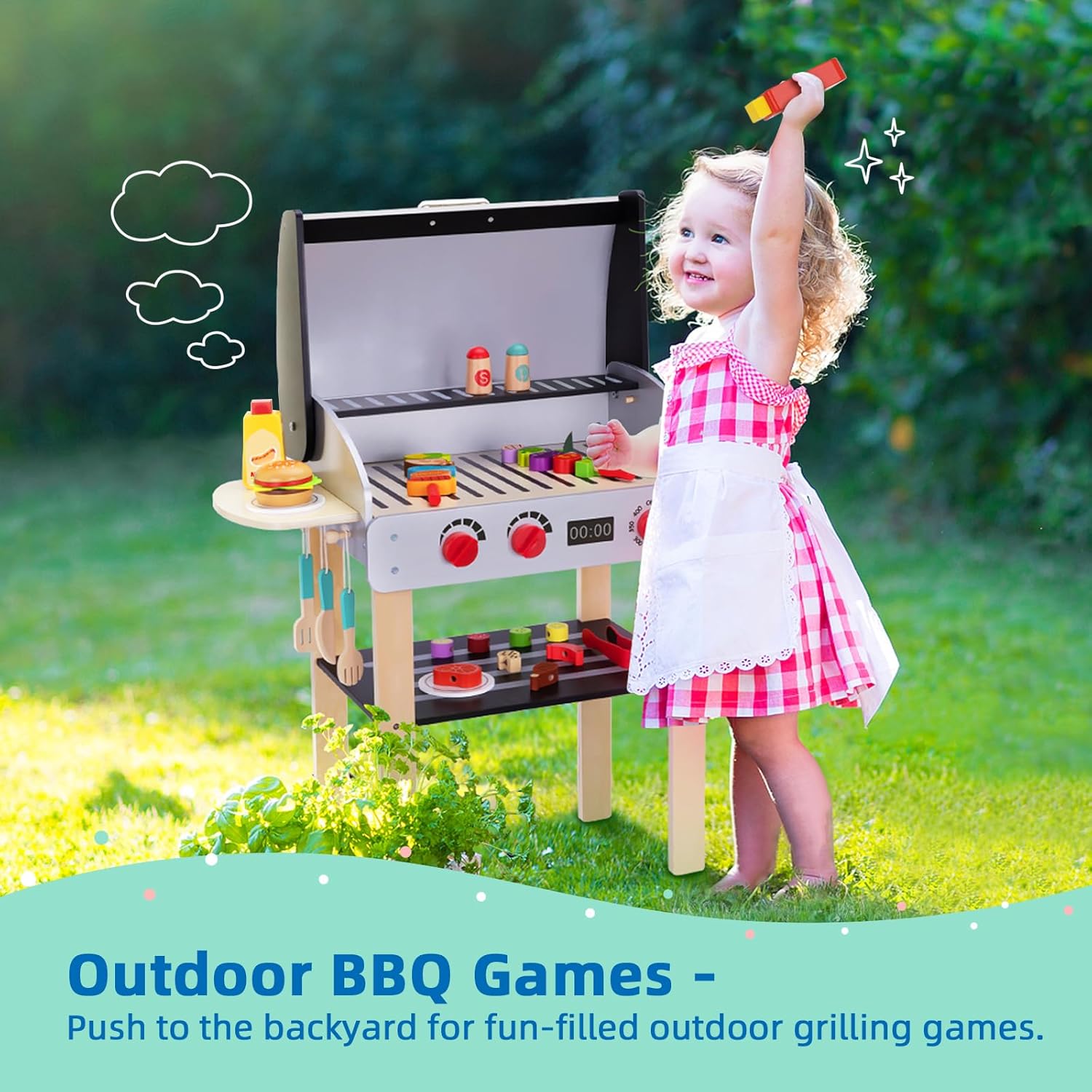 Wooden Play Barbecue Toy Grill, Kids Grill Playset with Play Food and Grilling Tools, Play Kitchen Accessories for Toddlers Boys Girls Age 3 · v3