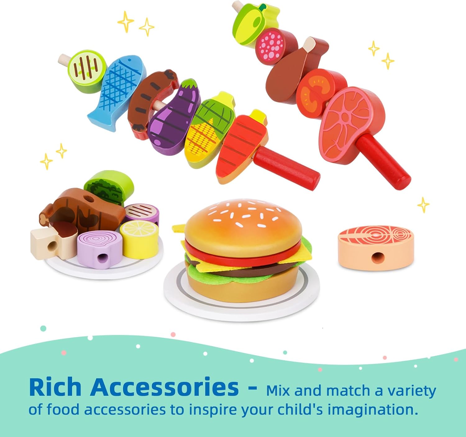 Wooden Play Barbecue Toy Grill, Kids Grill Playset with Play Food and Grilling Tools, Play Kitchen Accessories for Toddlers Boys Girls Age 3 · v3