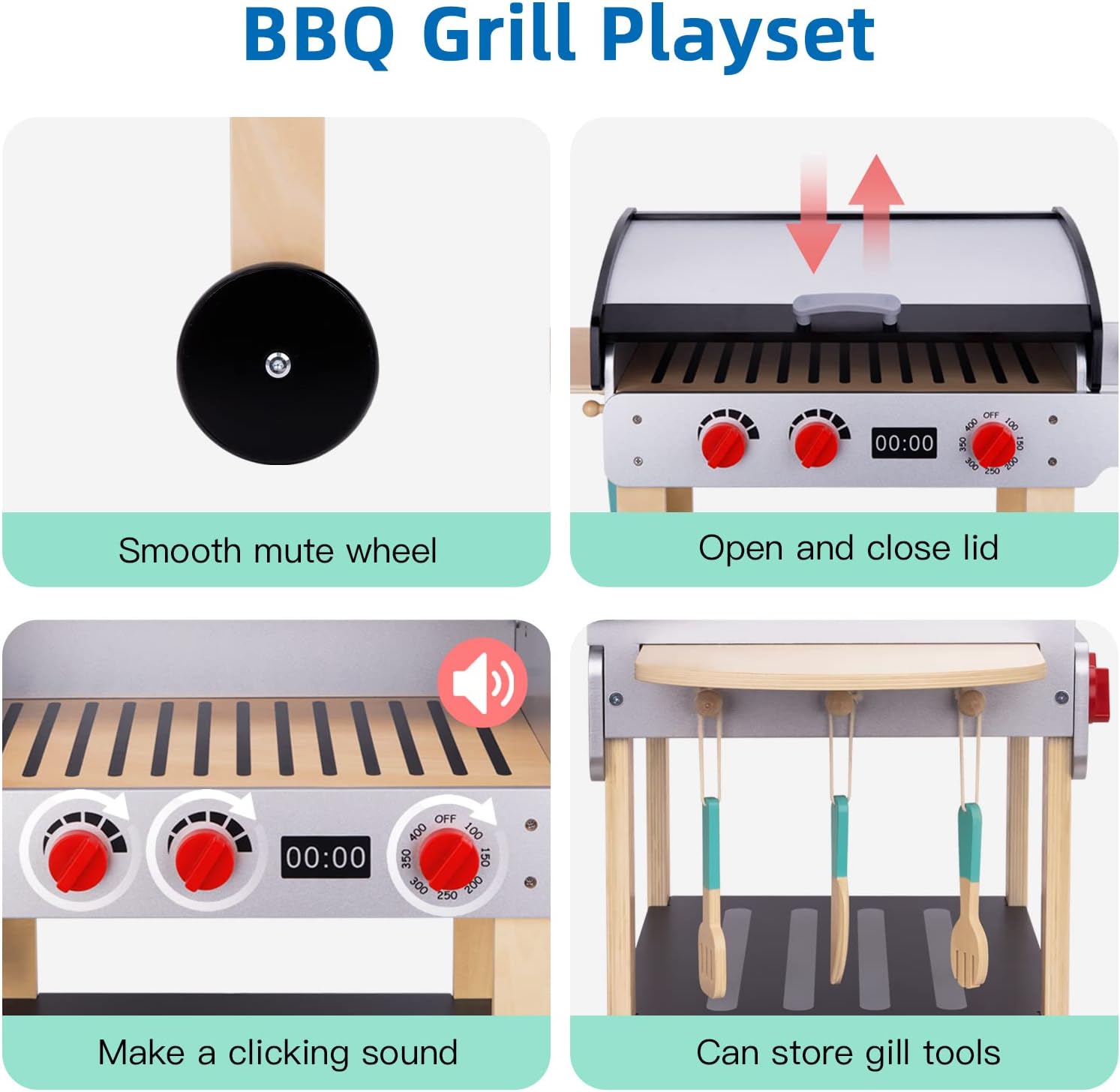 Wooden Play Barbecue Toy Grill, Kids Grill Playset with Play Food and Grilling Tools, Play Kitchen Accessories for Toddlers Boys Girls Age 3 · v3