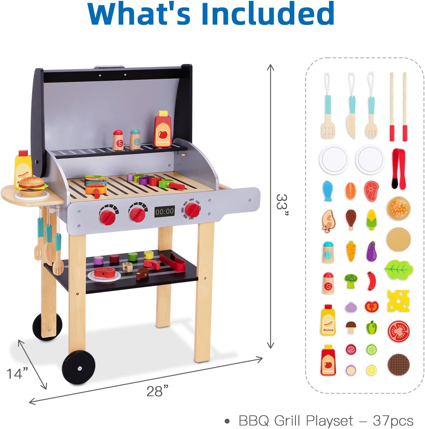Wooden Play Barbecue Toy Grill, Kids Grill Playset with Play Food and Grilling Tools, Play Kitchen Accessories for Toddlers Boys Girls Age 3 · v3