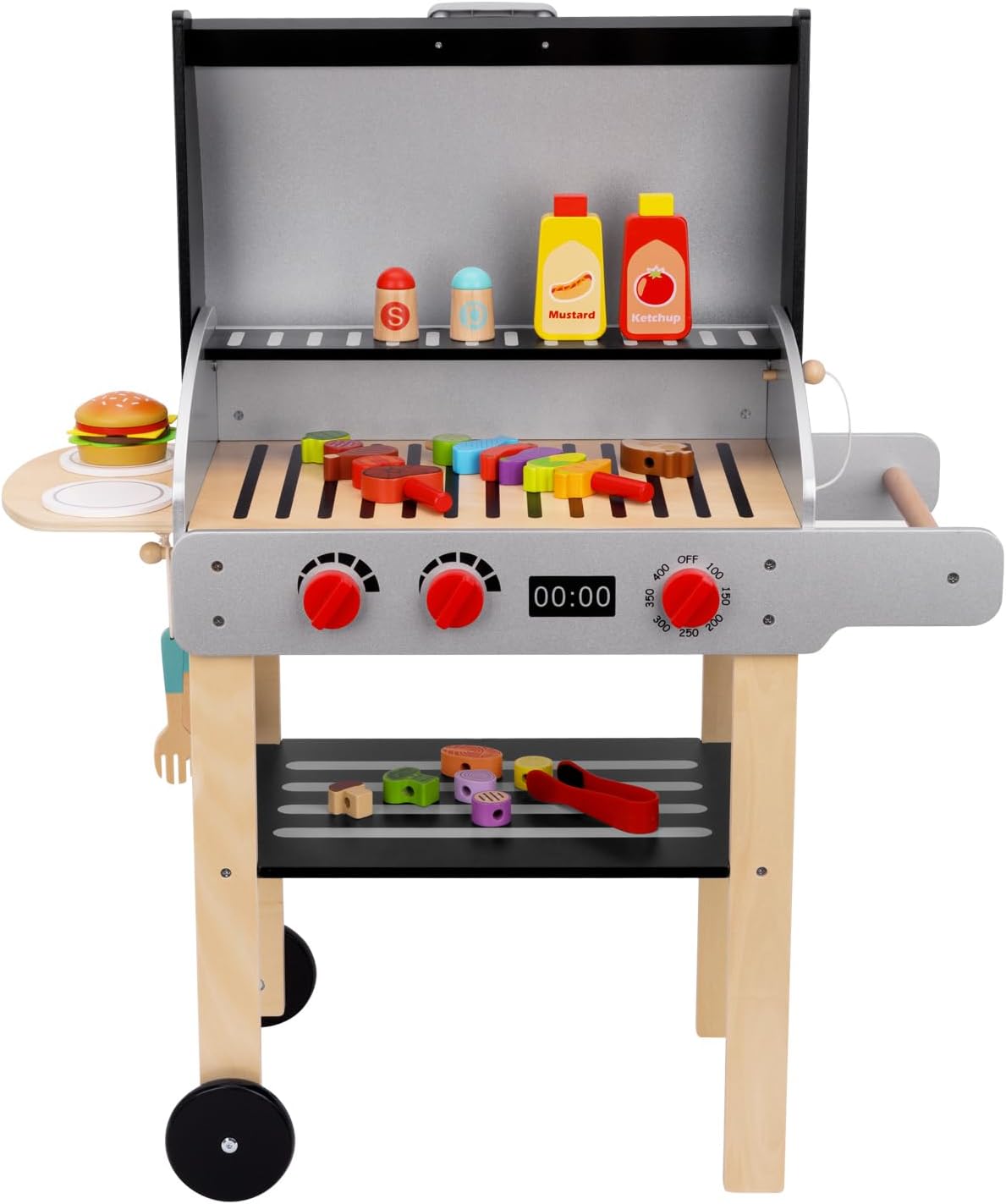 Wooden Play Barbecue Toy Grill, Kids Grill Playset with Play Food and Grilling Tools, Play Kitchen Accessories for Toddlers Boys Girls Age 3 · v3
