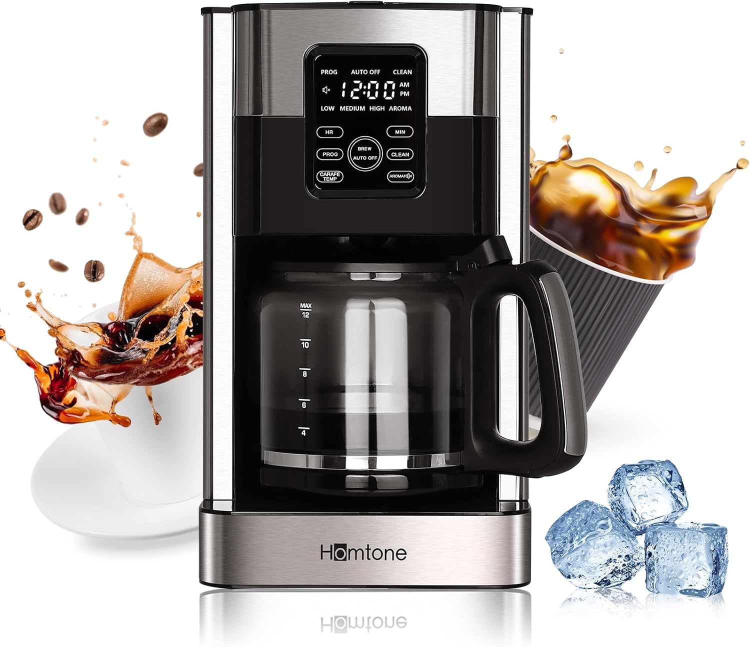 Homtone Coffee Maker 12 Cup Programmable, Anti-Drip Digital Coffee Machine, Brew Strength Control Coffee Maker for Hot Coffee, Stainless Steel, LCD Touch Screen, Permanent Filter, 1000W · v2