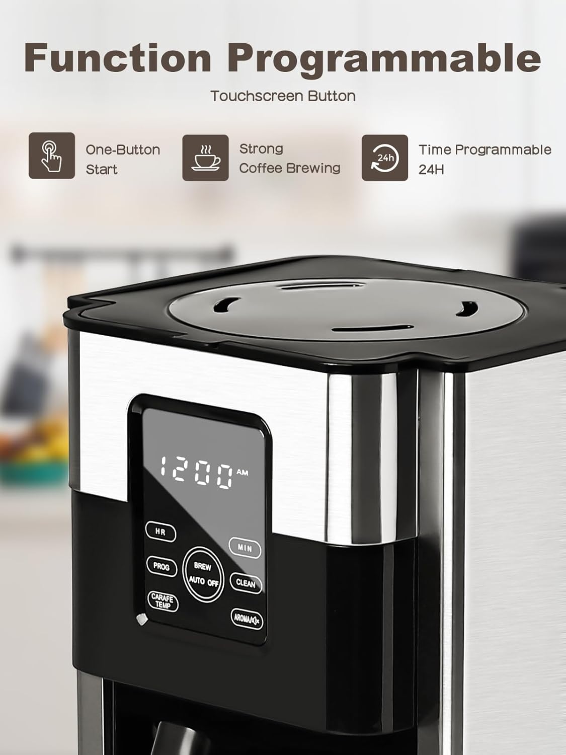 Homtone Coffee Maker 12 Cup Programmable, Anti-Drip Digital Coffee Machine, Brew Strength Control Coffee Maker for Hot Coffee, Stainless Steel, LCD Touch Screen, Permanent Filter, 1000W · v2